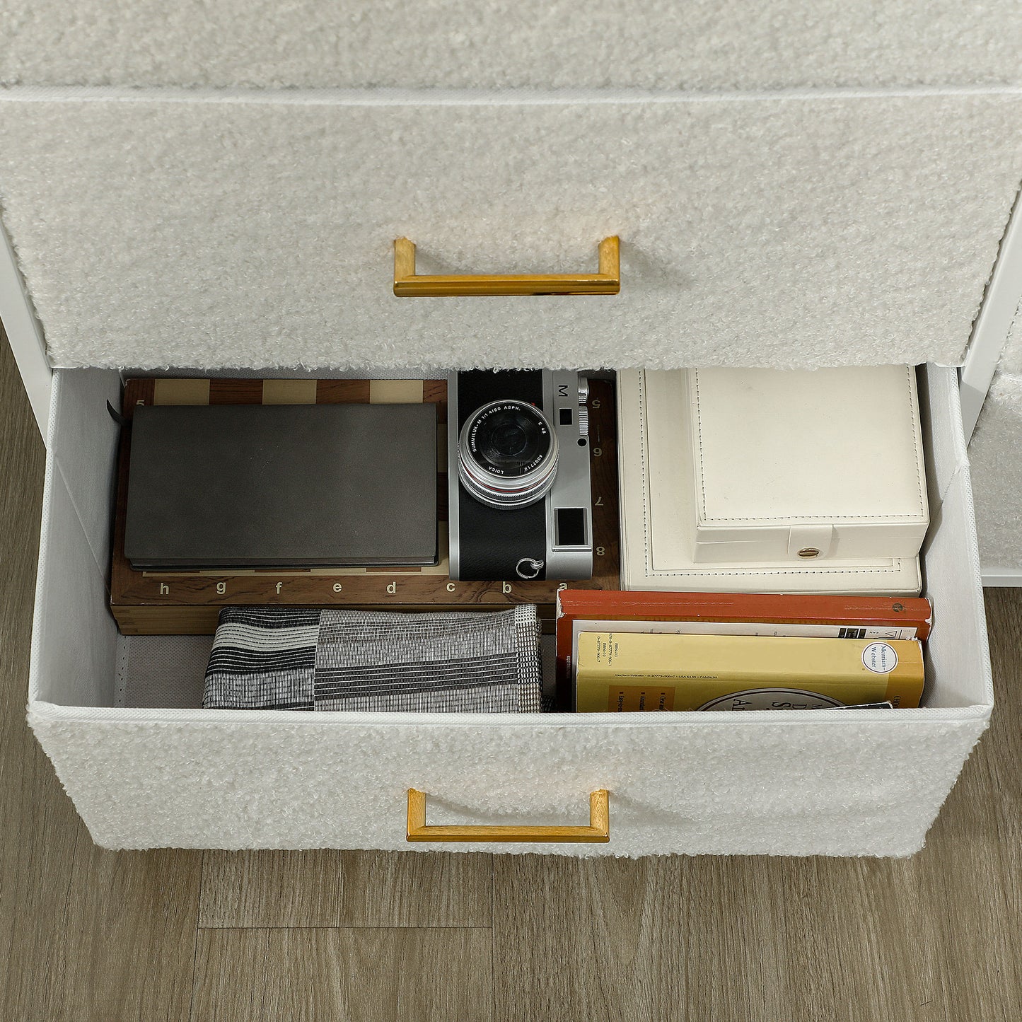 Chic Cream Fabric Storage Unit with 9 Drawers & Stylish Gold-Tone Handles