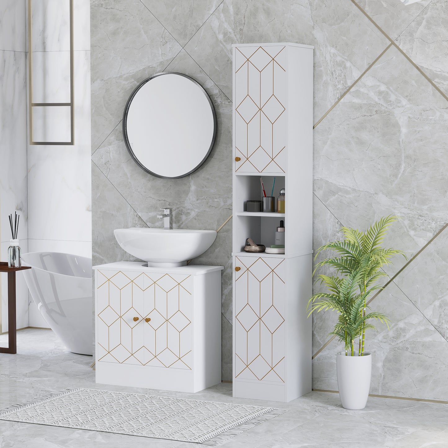 Elegant Slim Bathroom Cabinet - Stylish Storage with Gold Accents