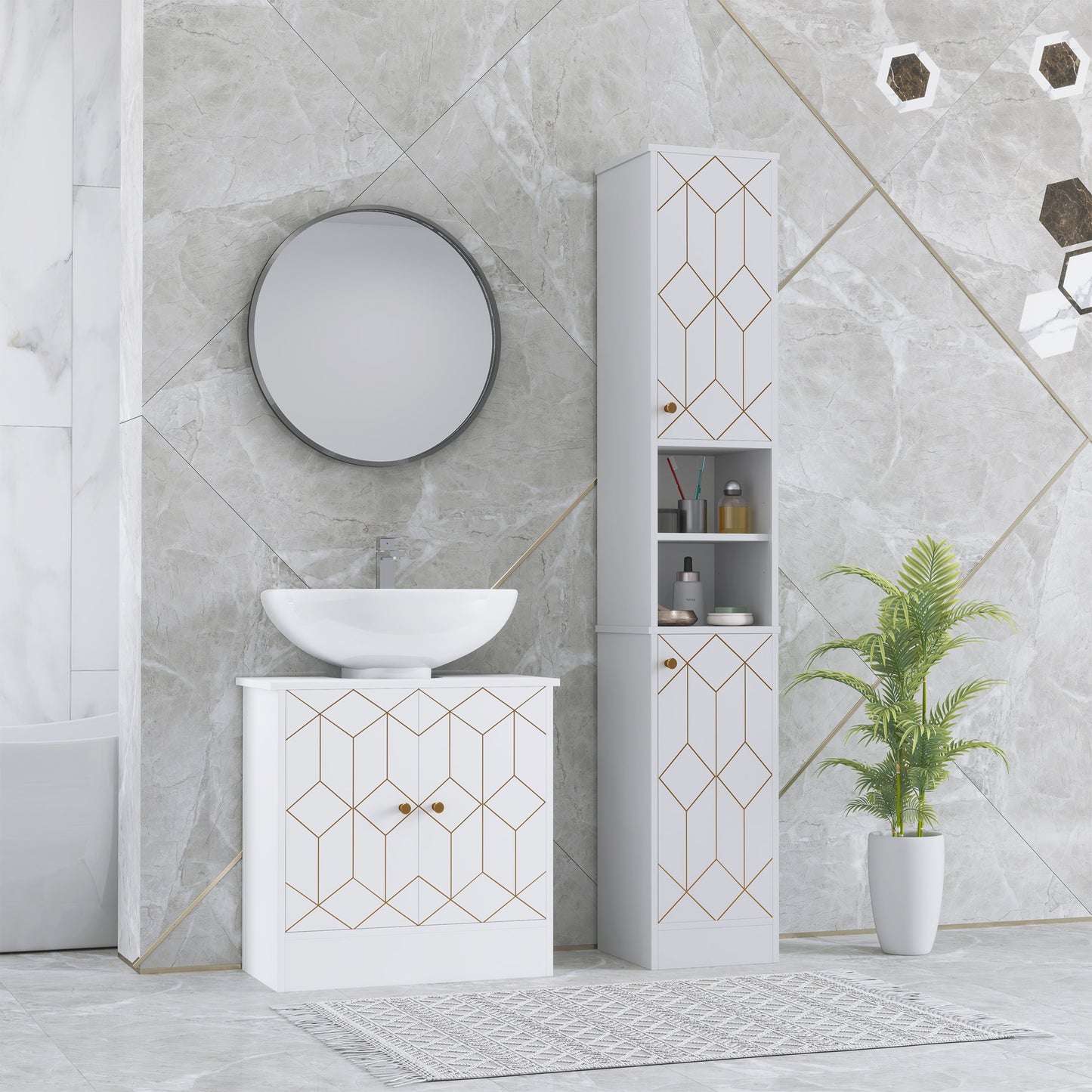 Elegant Slim Bathroom Cabinet - Stylish Storage with Gold Accents