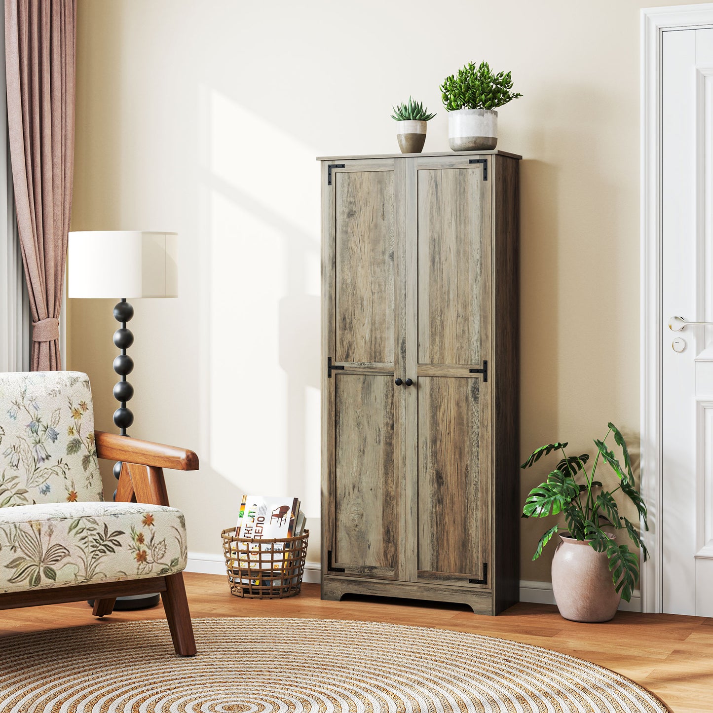 Chic Rustic Farmhouse Storage Cabinet with Adjustable Shelves - Grey Finish