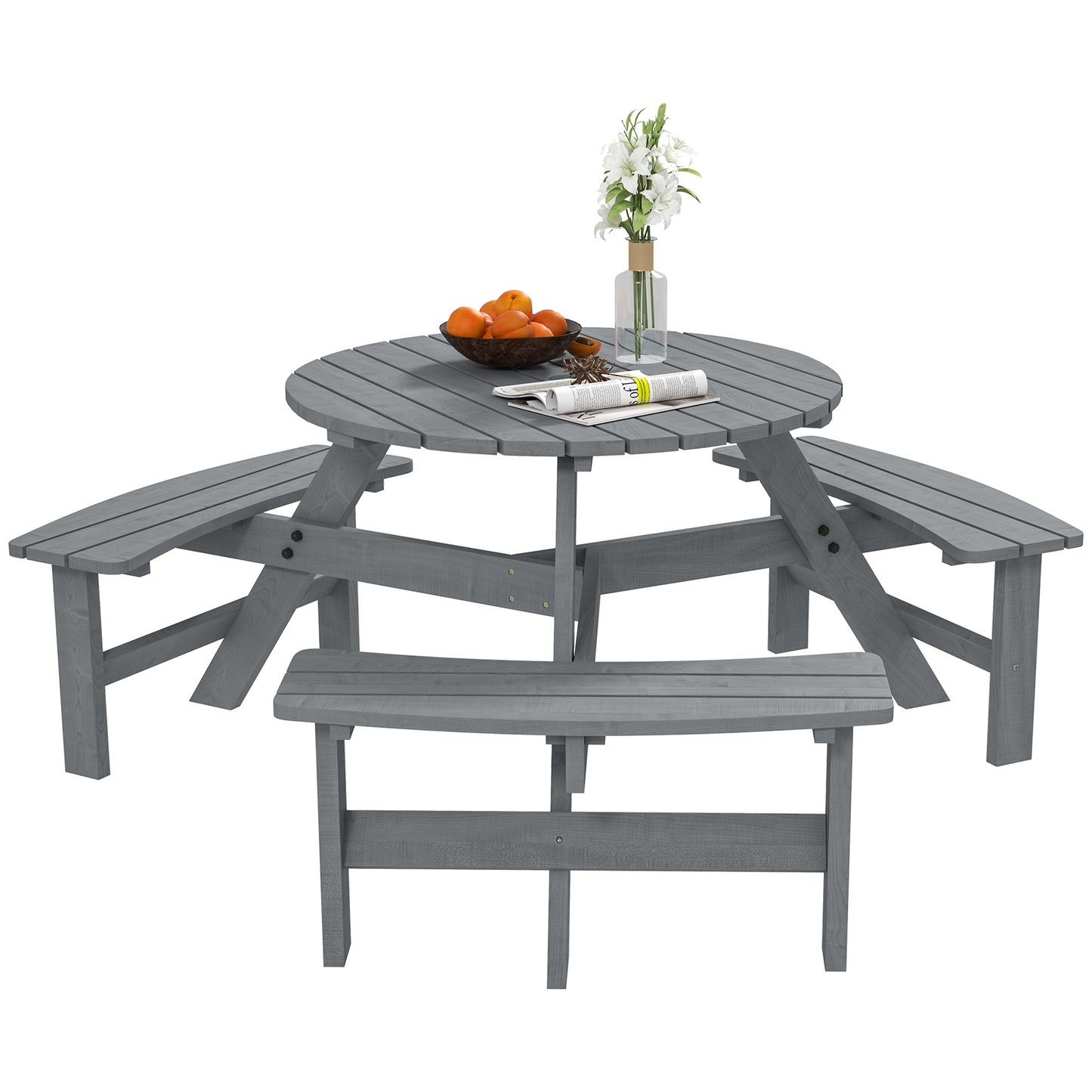 6-Person Fir Wood Table & Bench Set - Grey Outdoor Patio