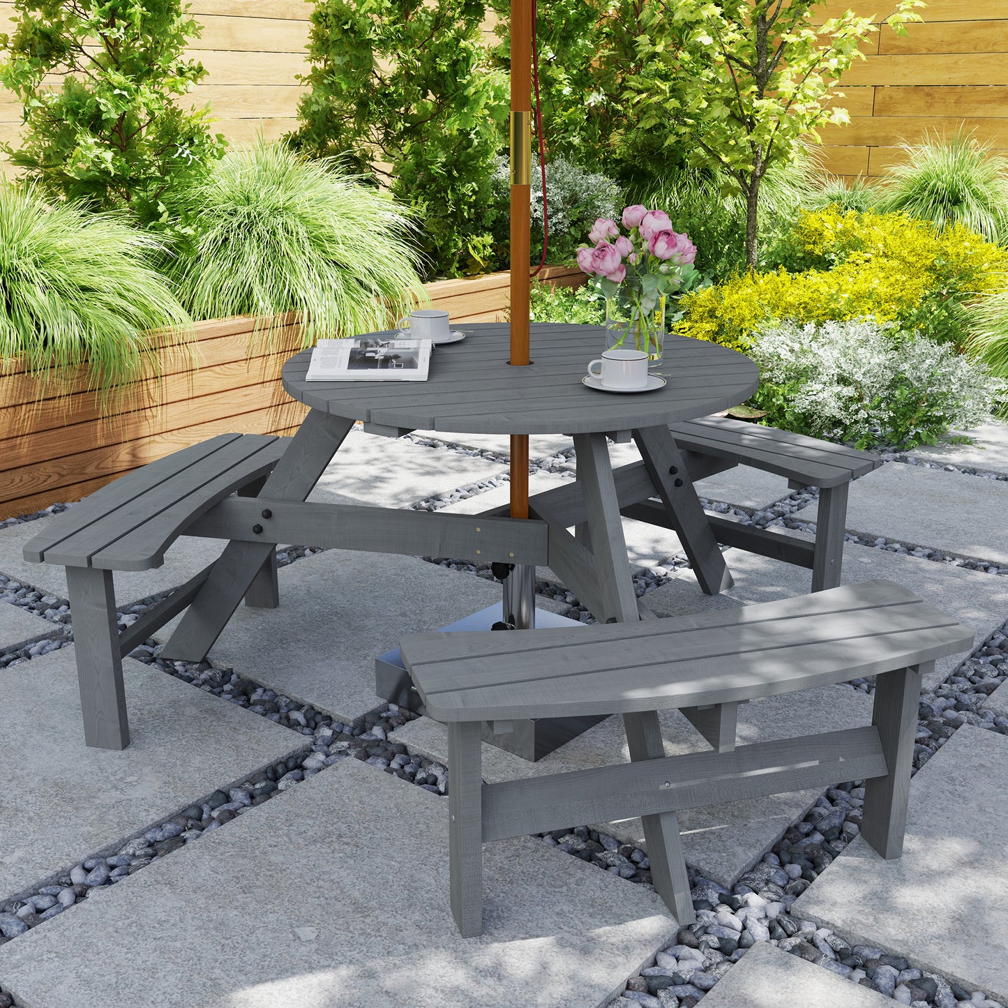 6-Person Fir Wood Table & Bench Set - Grey Outdoor Patio
