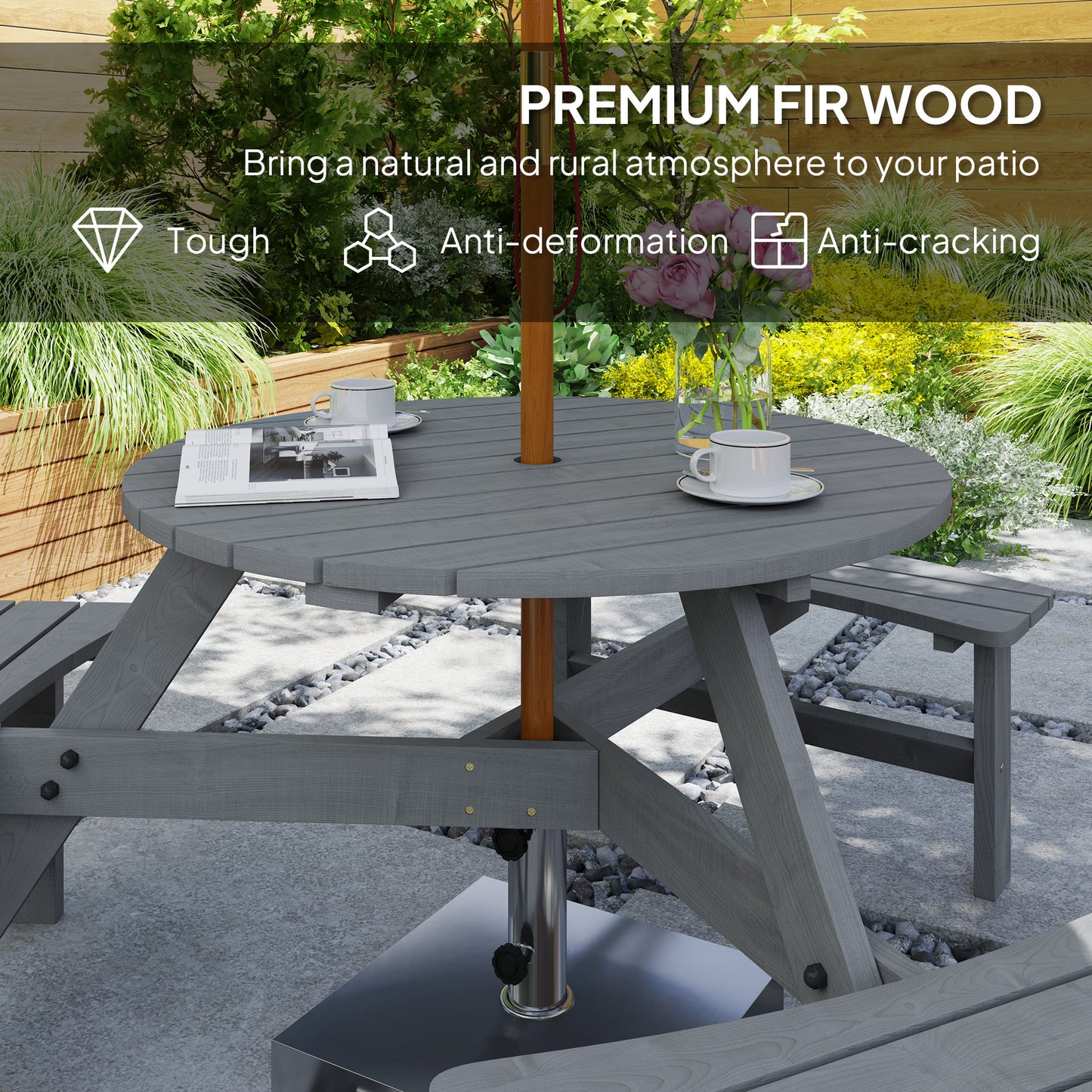6-Person Fir Wood Table & Bench Set - Grey Outdoor Patio
