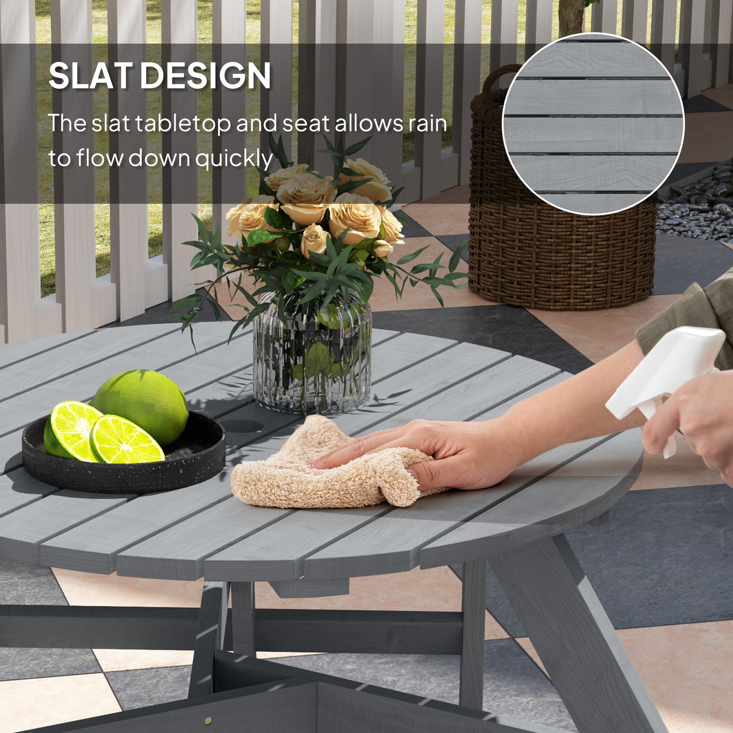 6-Person Fir Wood Table & Bench Set - Grey Outdoor Patio