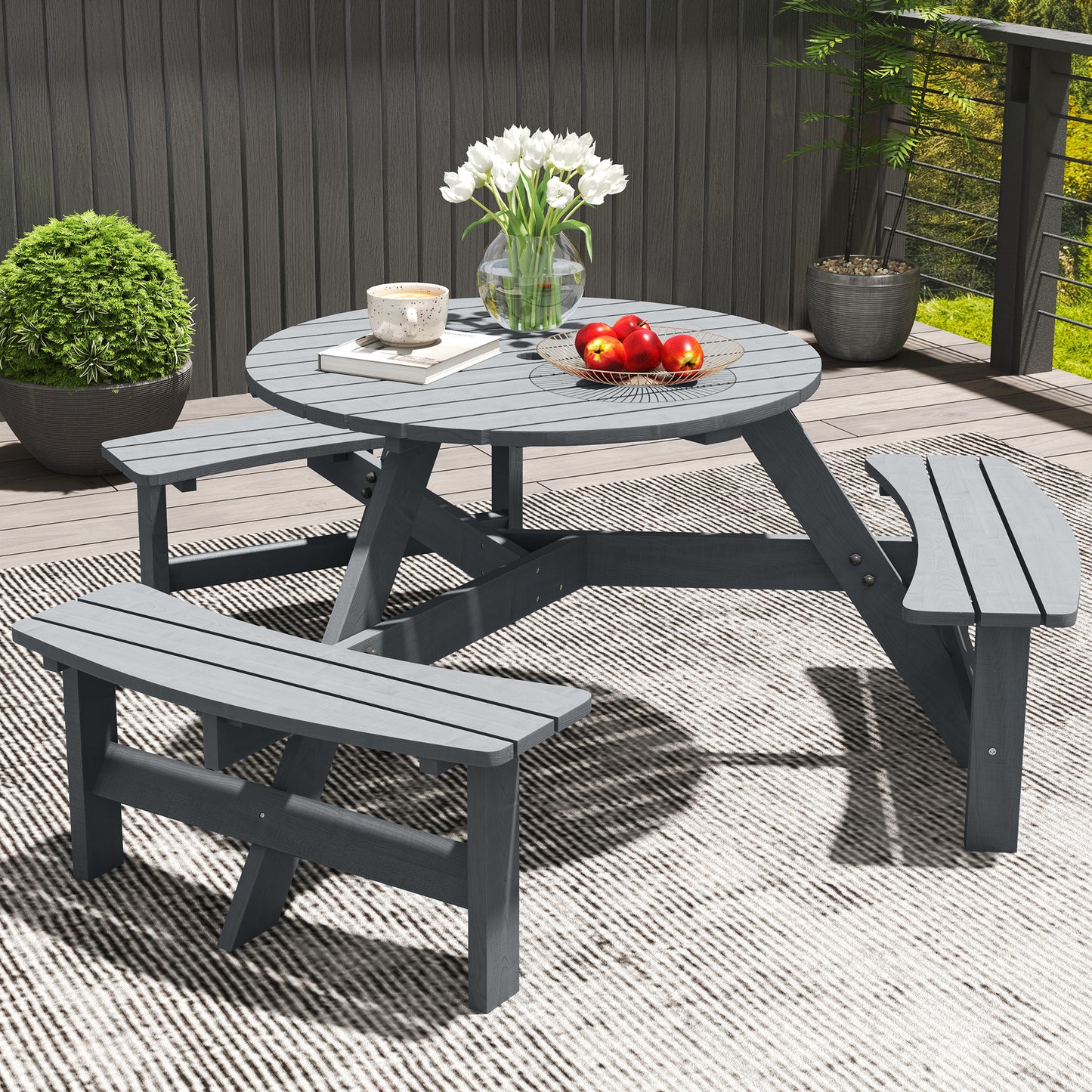 6-Person Fir Wood Table & Bench Set - Grey Outdoor Patio