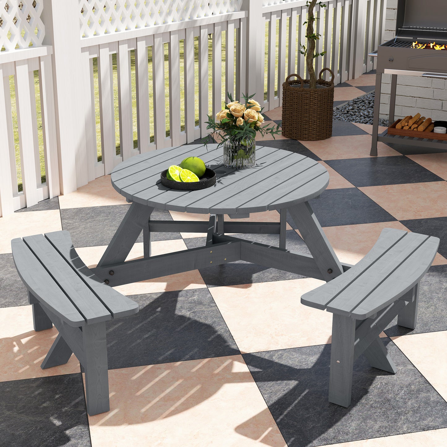 6-Person Fir Wood Table & Bench Set - Grey Outdoor Patio