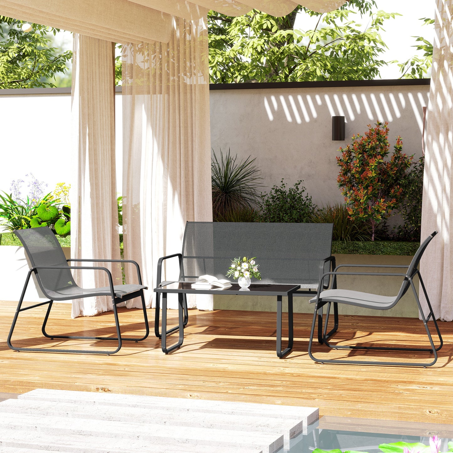 Deluxe 4-Piece Patio Garden Set: Sofa, 2 Chairs & Glass Table