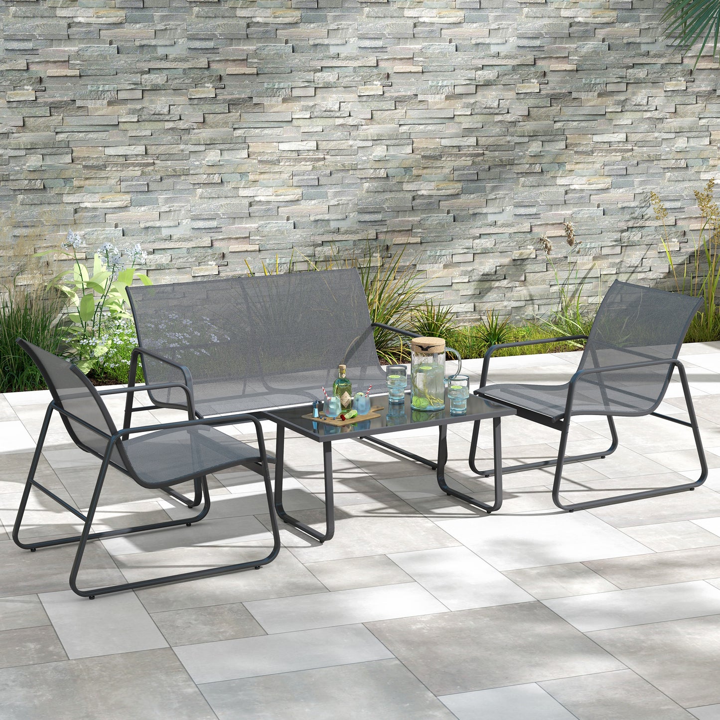 Deluxe 4-Piece Patio Garden Set: Sofa, 2 Chairs & Glass Table