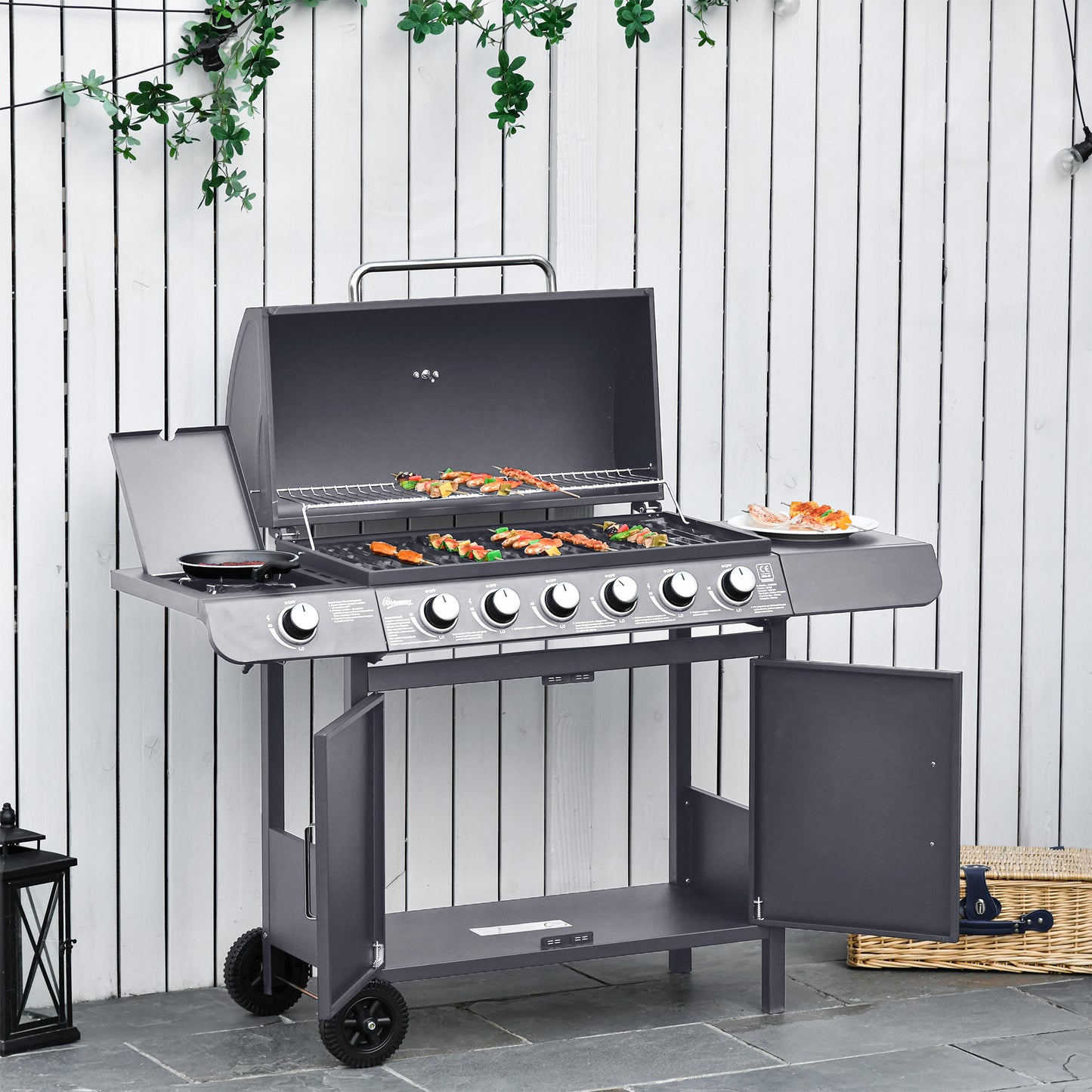 6+1 Burner Gas BBQ Grill with Wheels and Cabinet - Grey