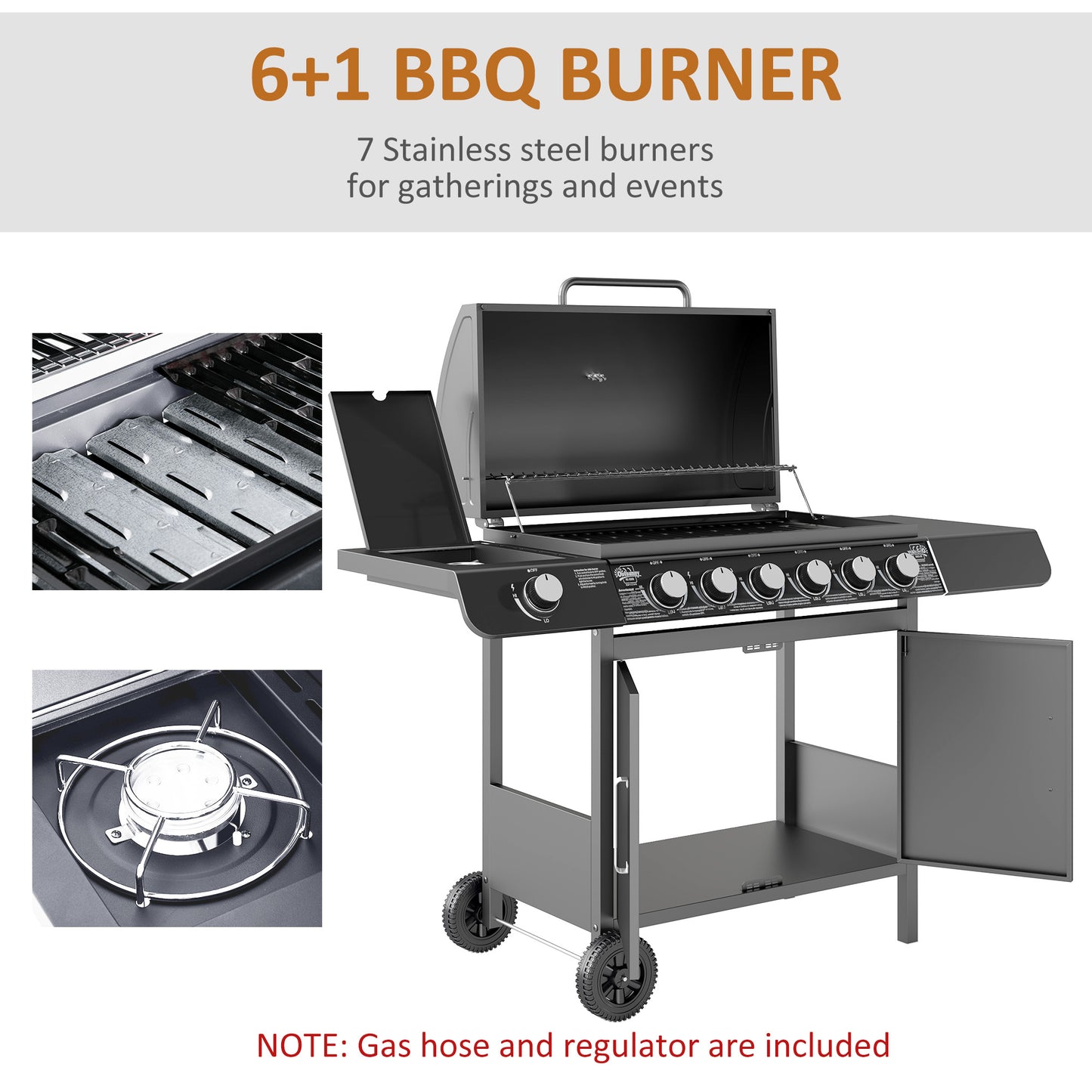 6+1 Burner Gas BBQ Grill with Wheels and Cabinet - Grey