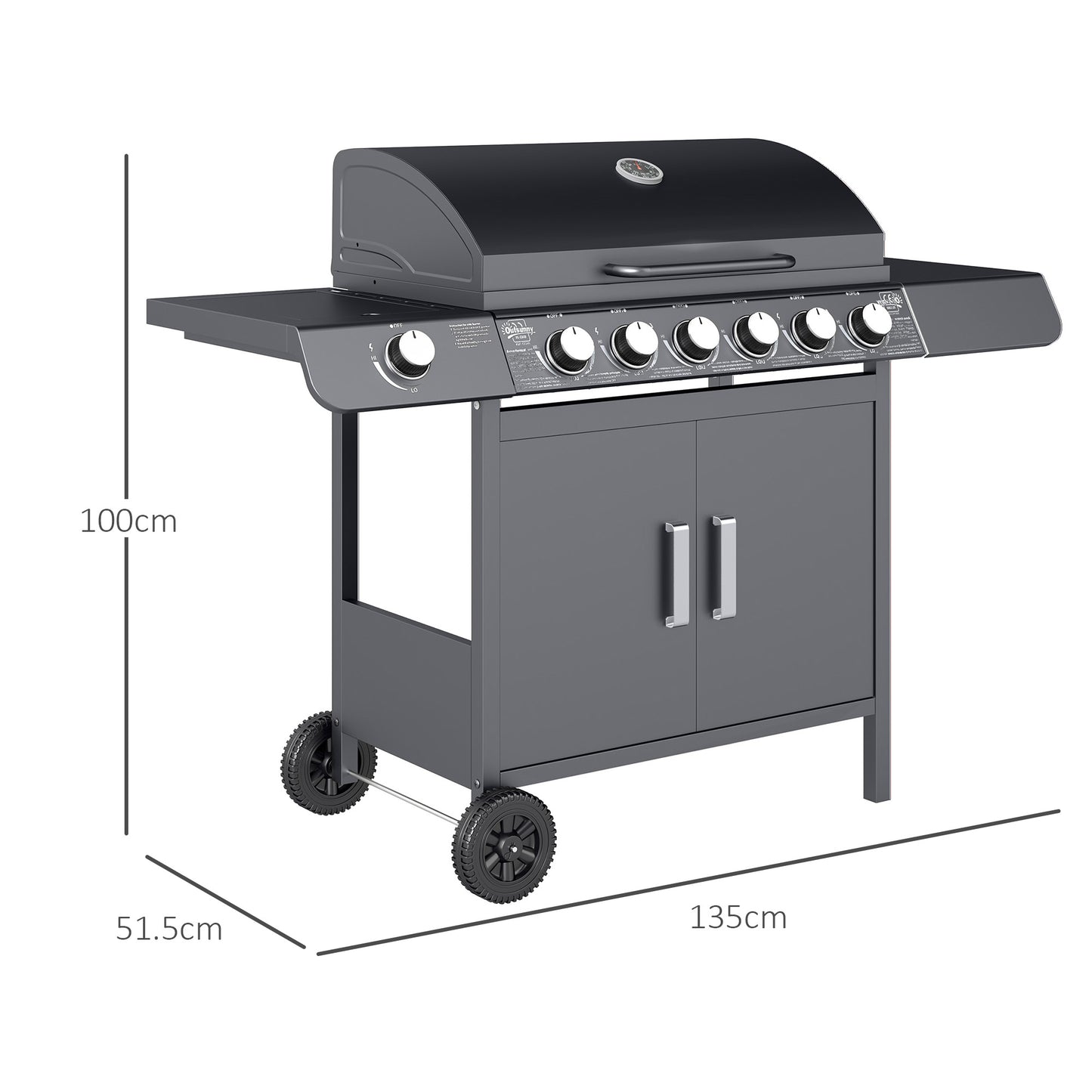 6+1 Burner Gas BBQ Grill with Wheels and Cabinet - Grey