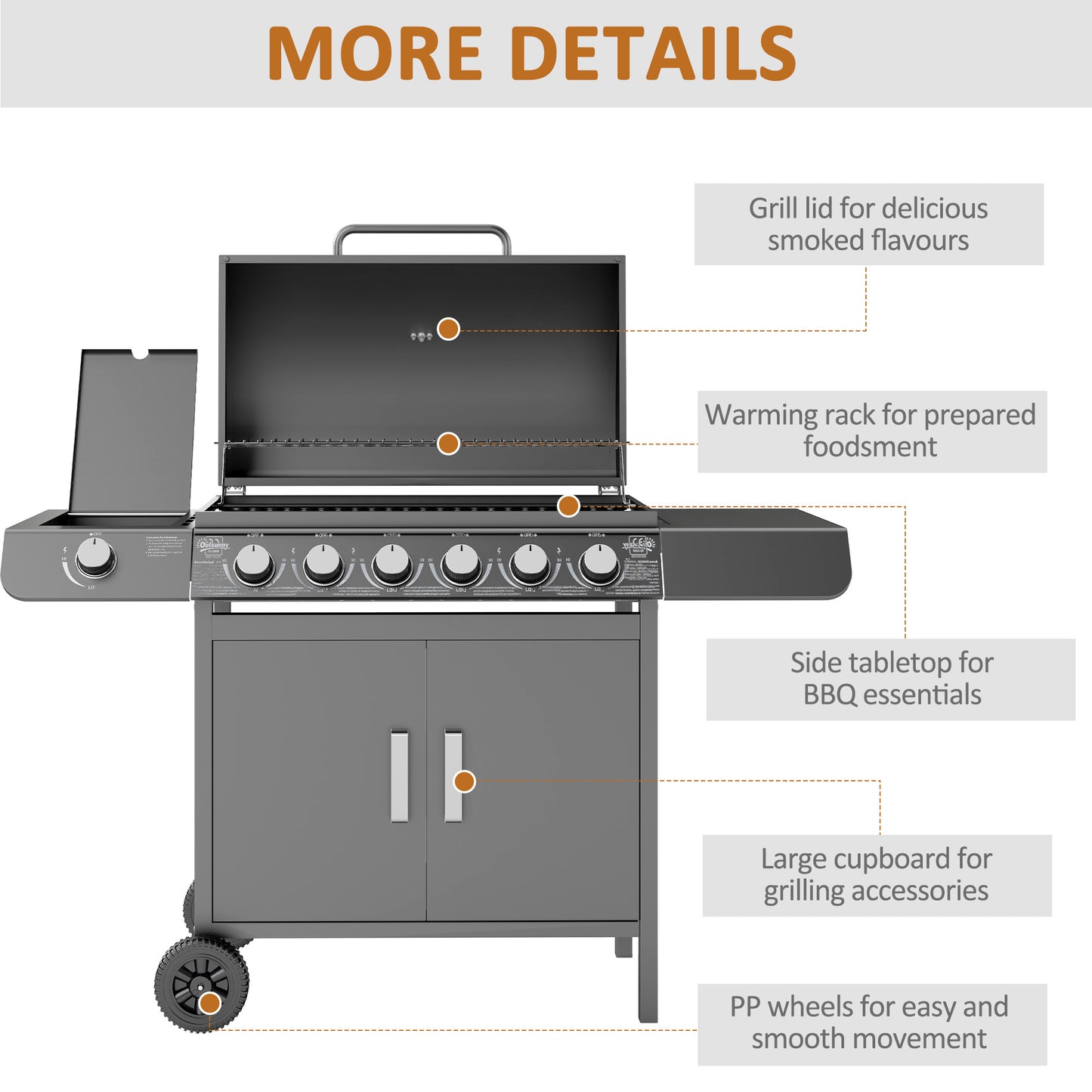 6+1 Burner Gas BBQ Grill with Wheels and Cabinet - Grey