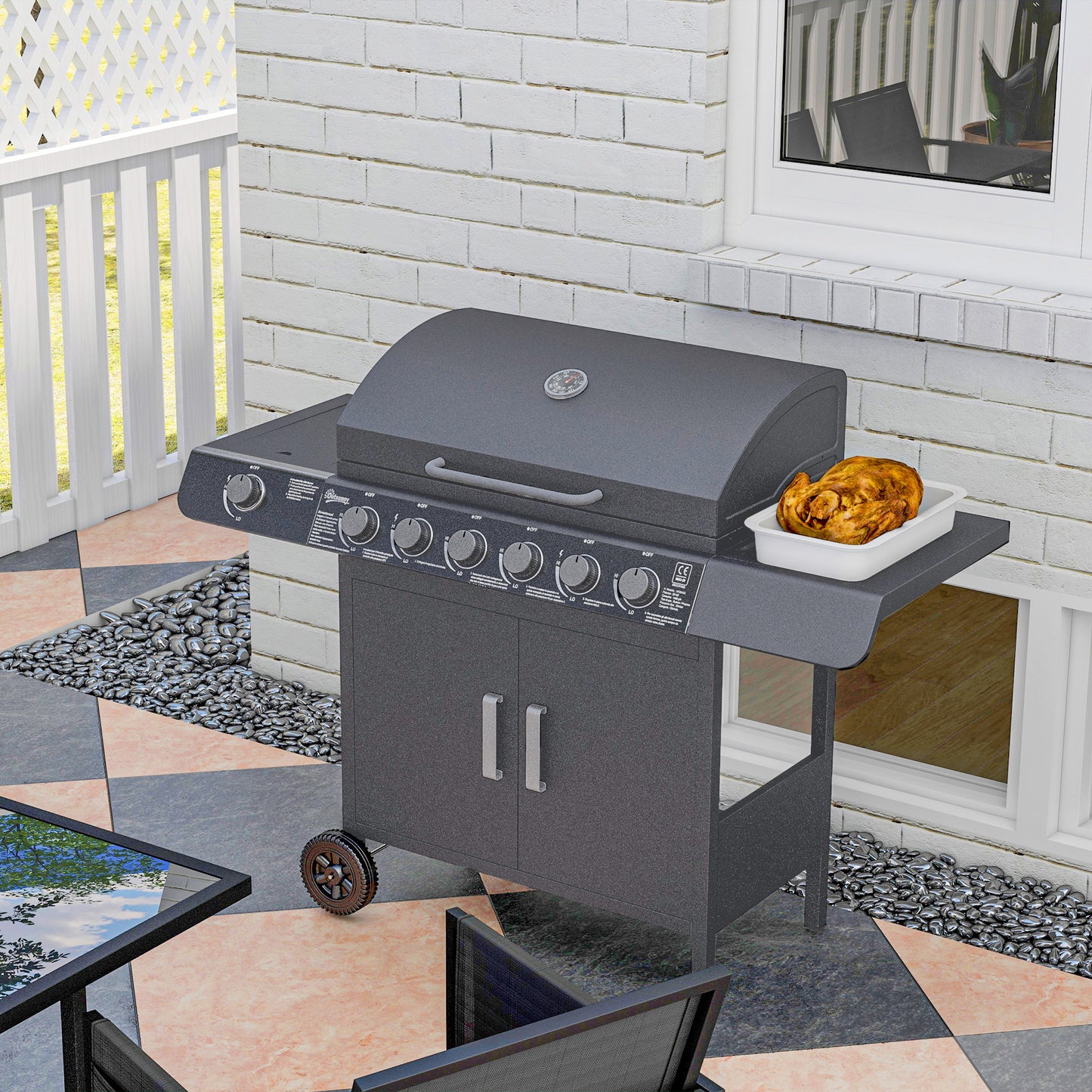 6+1 Burner Gas BBQ Grill with Wheels and Cabinet - Grey