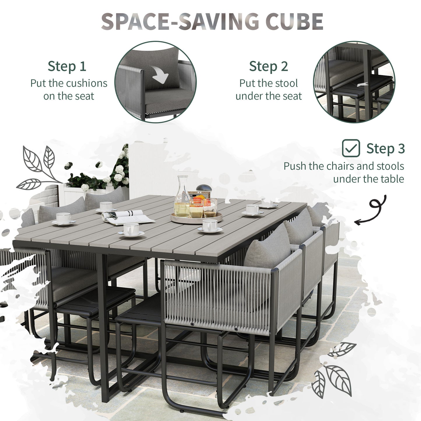 Rattan Dining Set—Space-Saving Garden Table & Cushioned Chairs