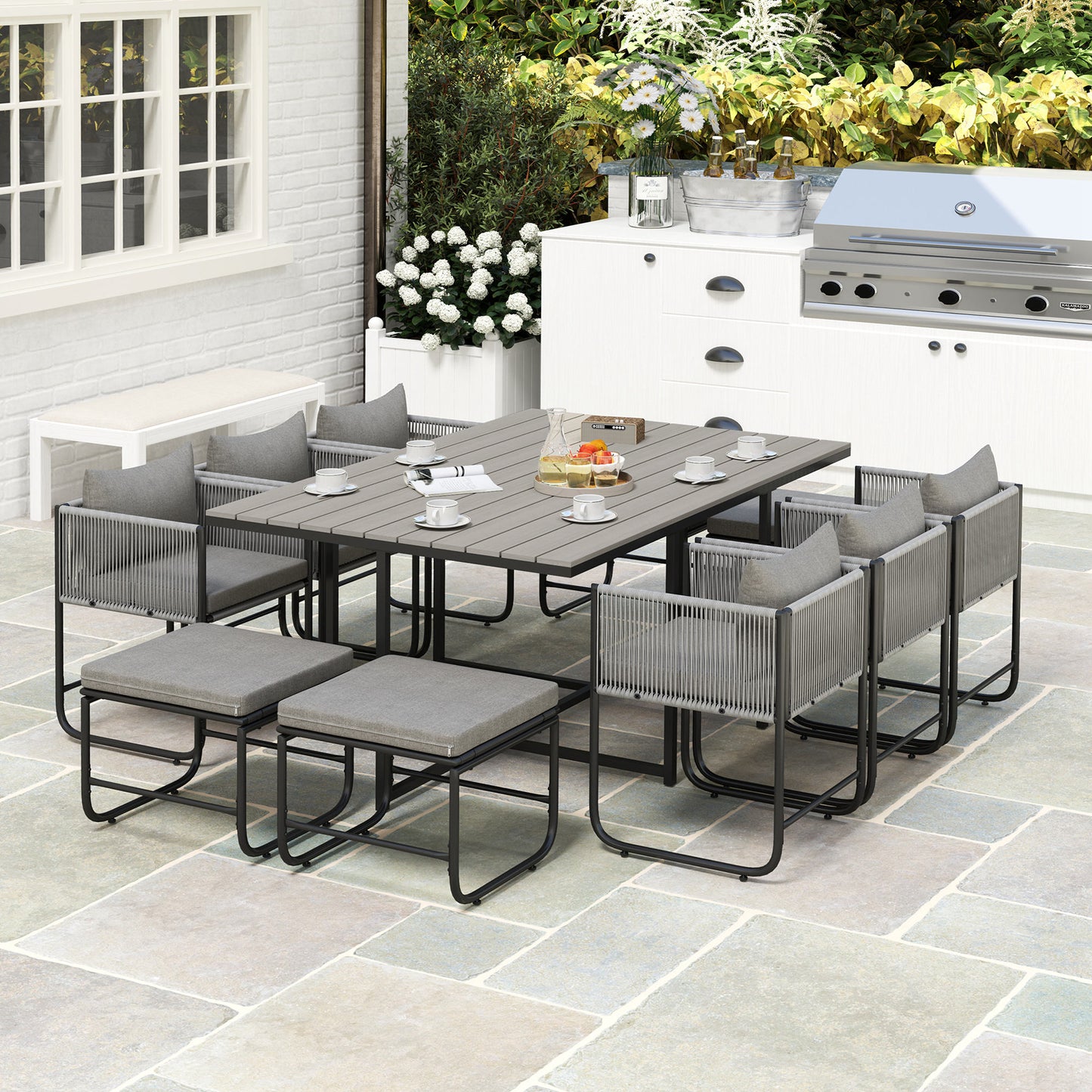 Rattan Dining Set—Space-Saving Garden Table & Cushioned Chairs
