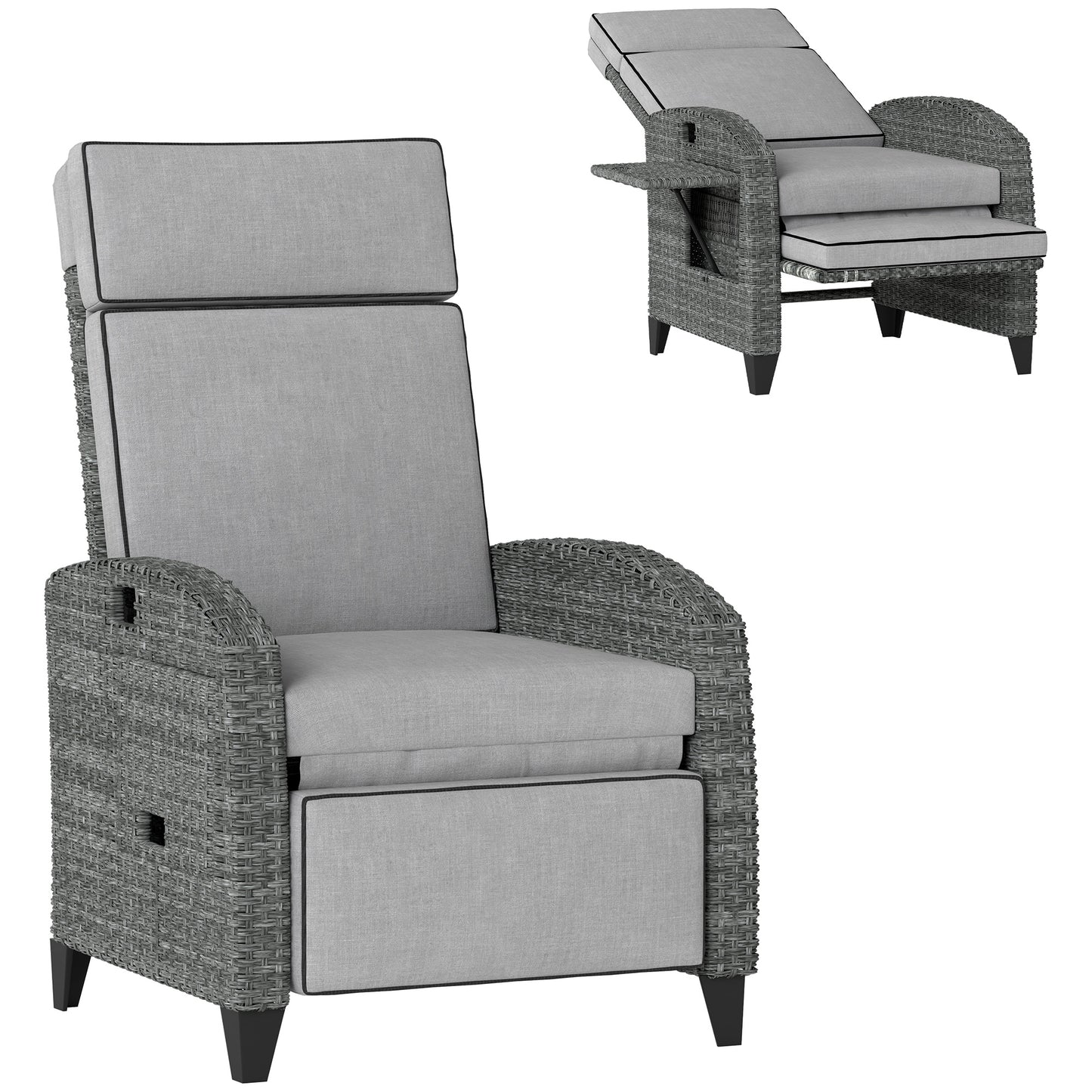 Outdoor Rattan Recliner with Cushions - Grey Adjustable Back & Footrest