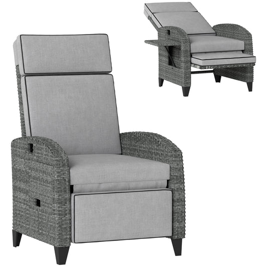 Outdoor Rattan Recliner with Cushions - Grey Adjustable Back & Footrest