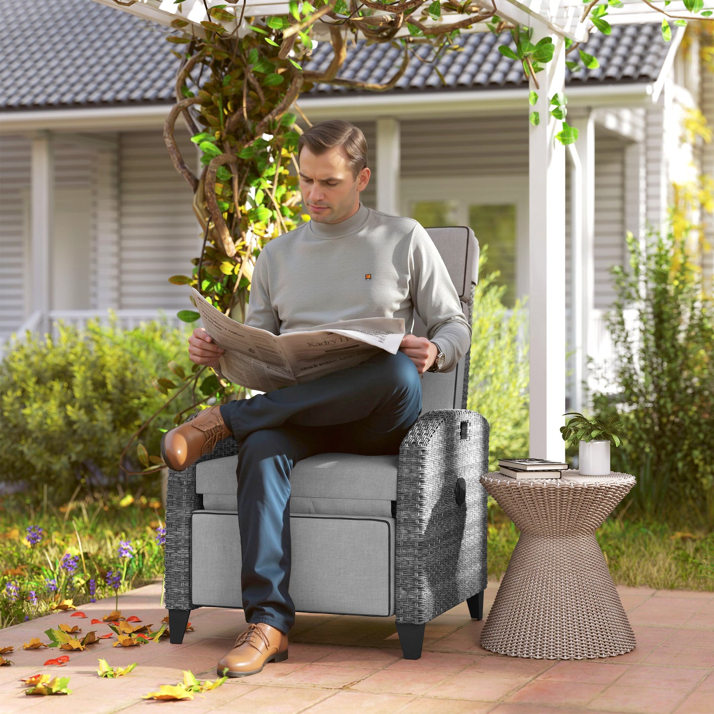 Outdoor Rattan Recliner with Cushions - Grey Adjustable Back & Footrest