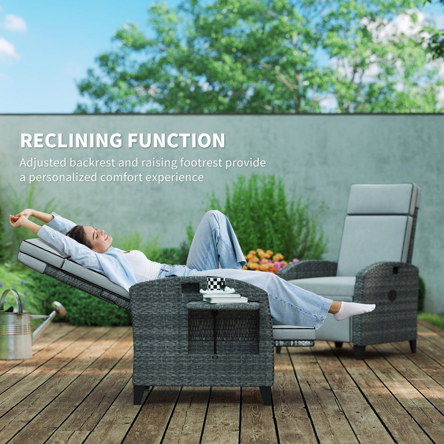 Outdoor Rattan Recliner with Cushions - Grey Adjustable Back & Footrest