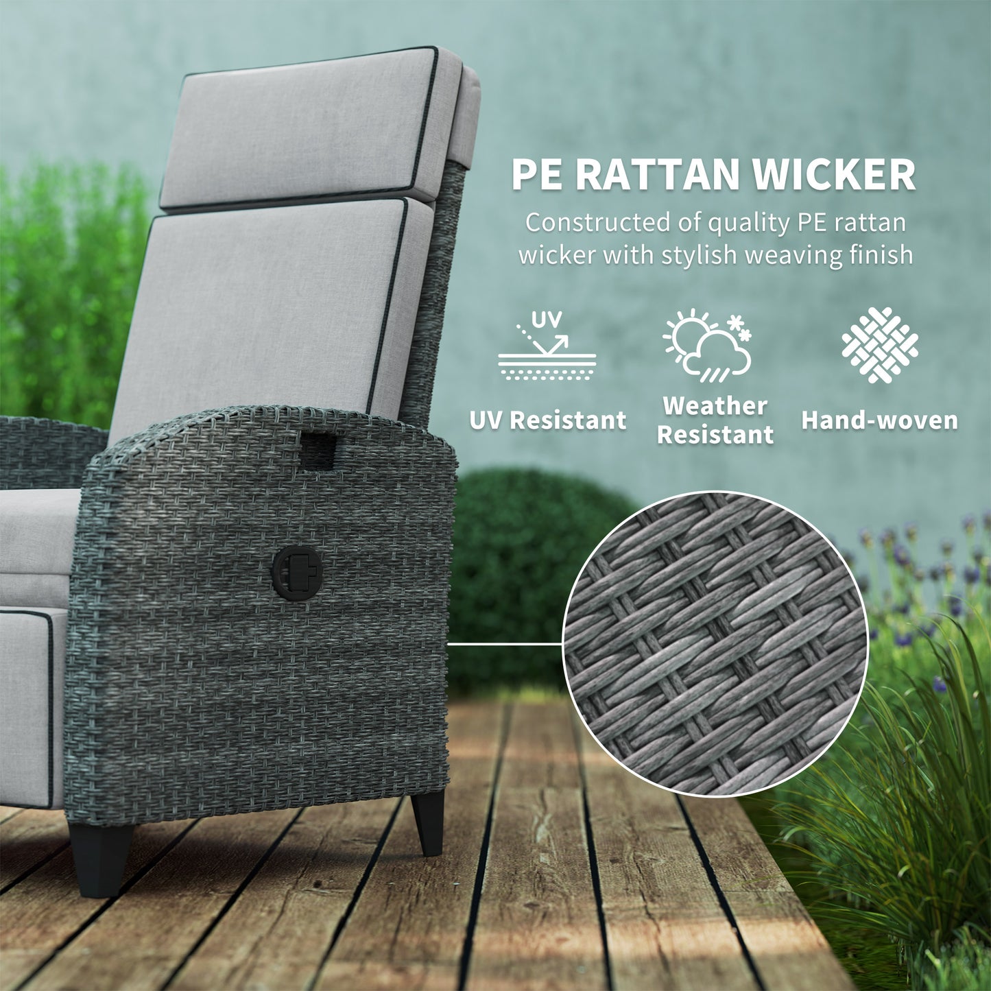 Outdoor Rattan Recliner with Cushions - Grey Adjustable Back & Footrest