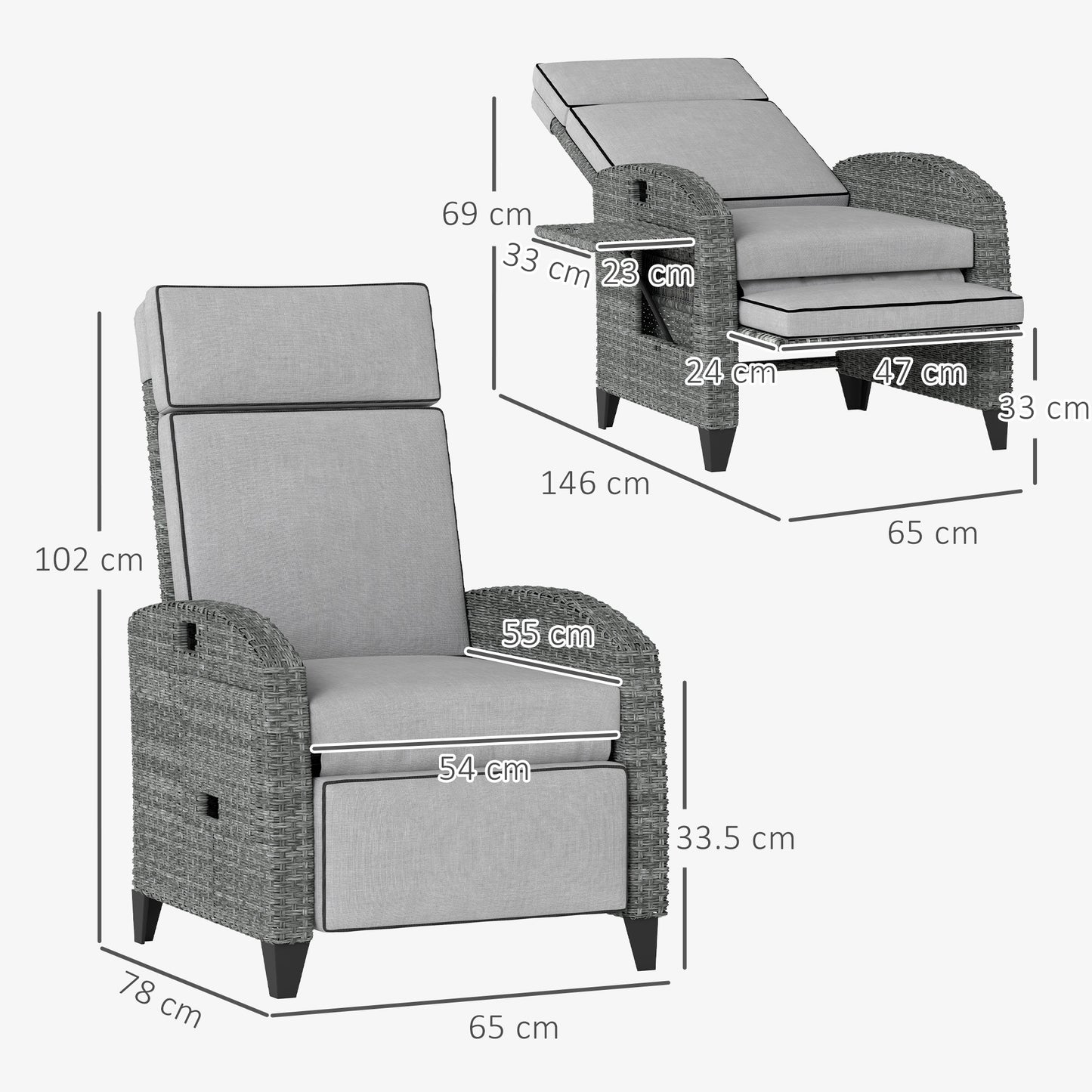 Outdoor Rattan Recliner with Cushions - Grey Adjustable Back & Footrest