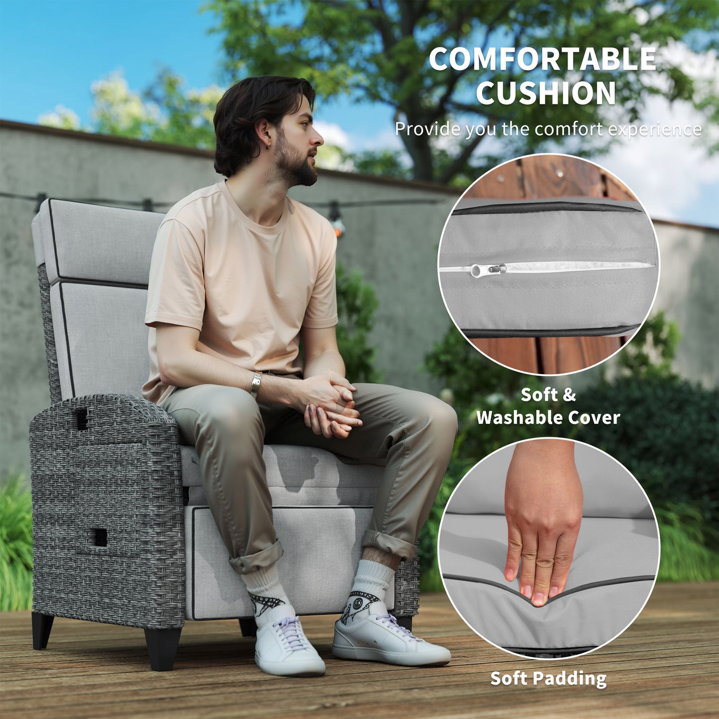 Outdoor Rattan Recliner with Cushions - Grey Adjustable Back & Footrest