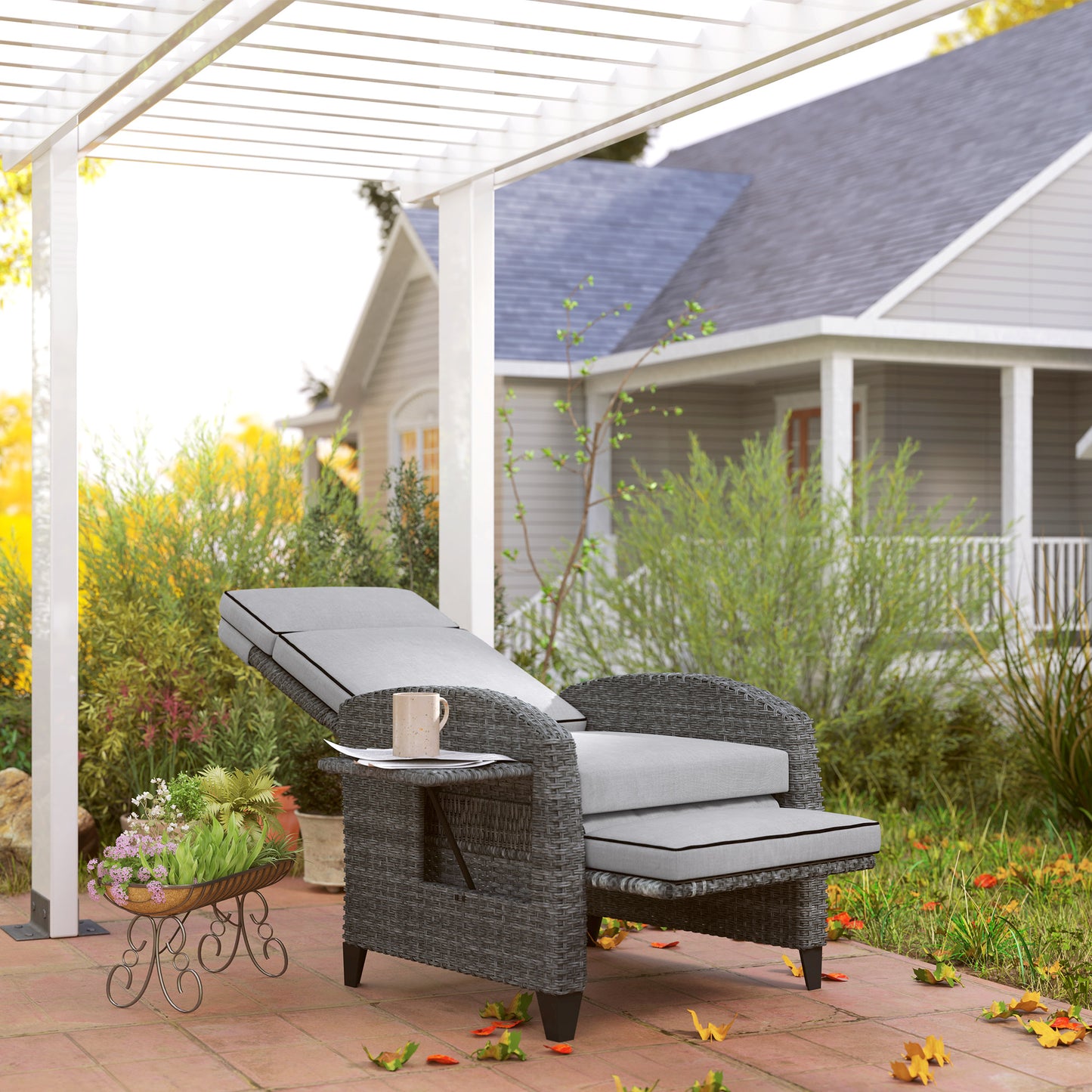 Outdoor Rattan Recliner with Cushions - Grey Adjustable Back & Footrest