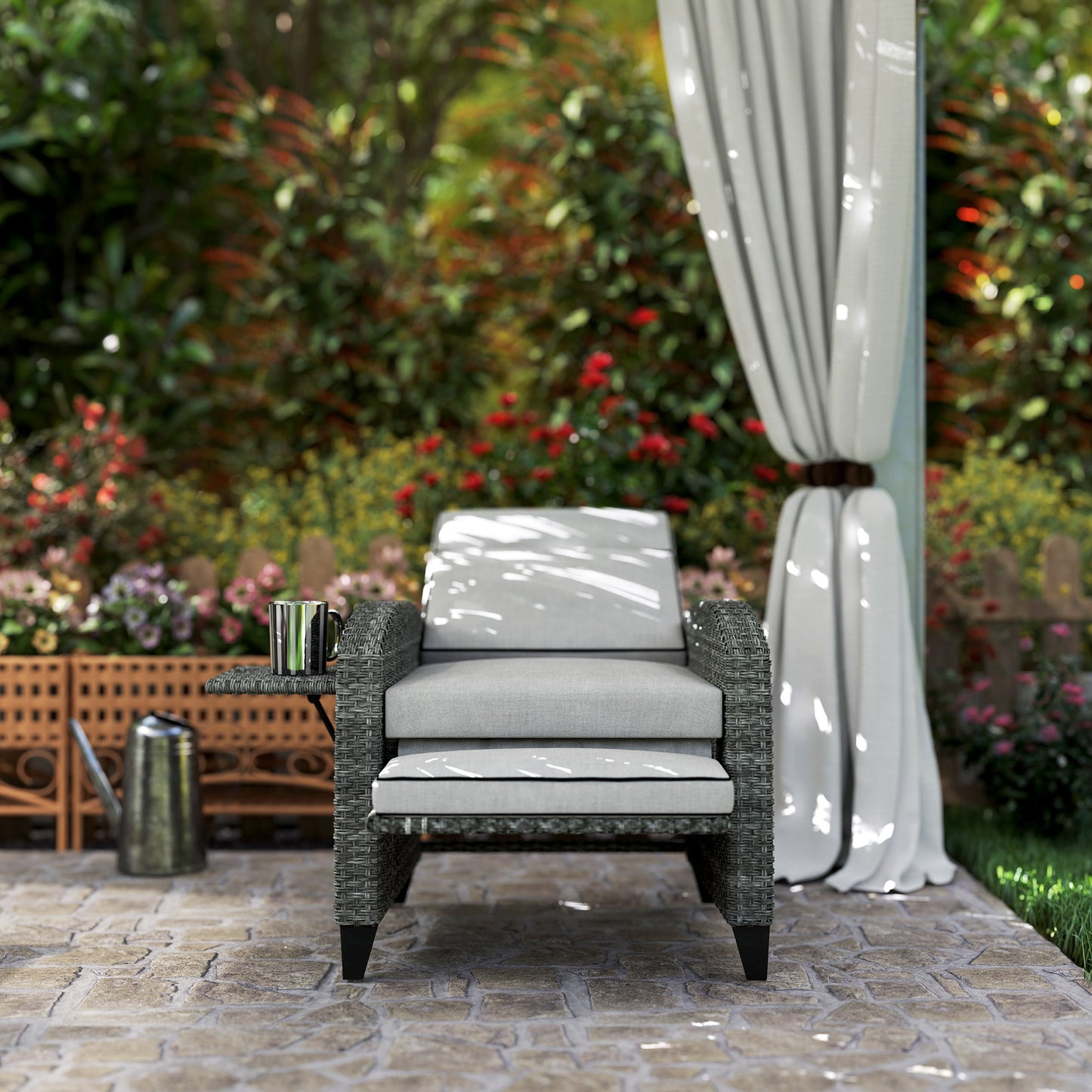 Outdoor Rattan Recliner with Cushions - Grey Adjustable Back & Footrest