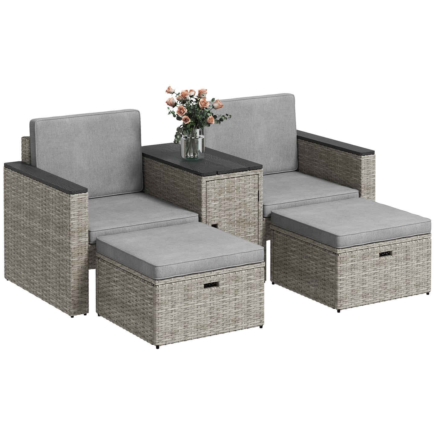 5-Piece Grey Rattan Garden Set with Storage Table & Stools