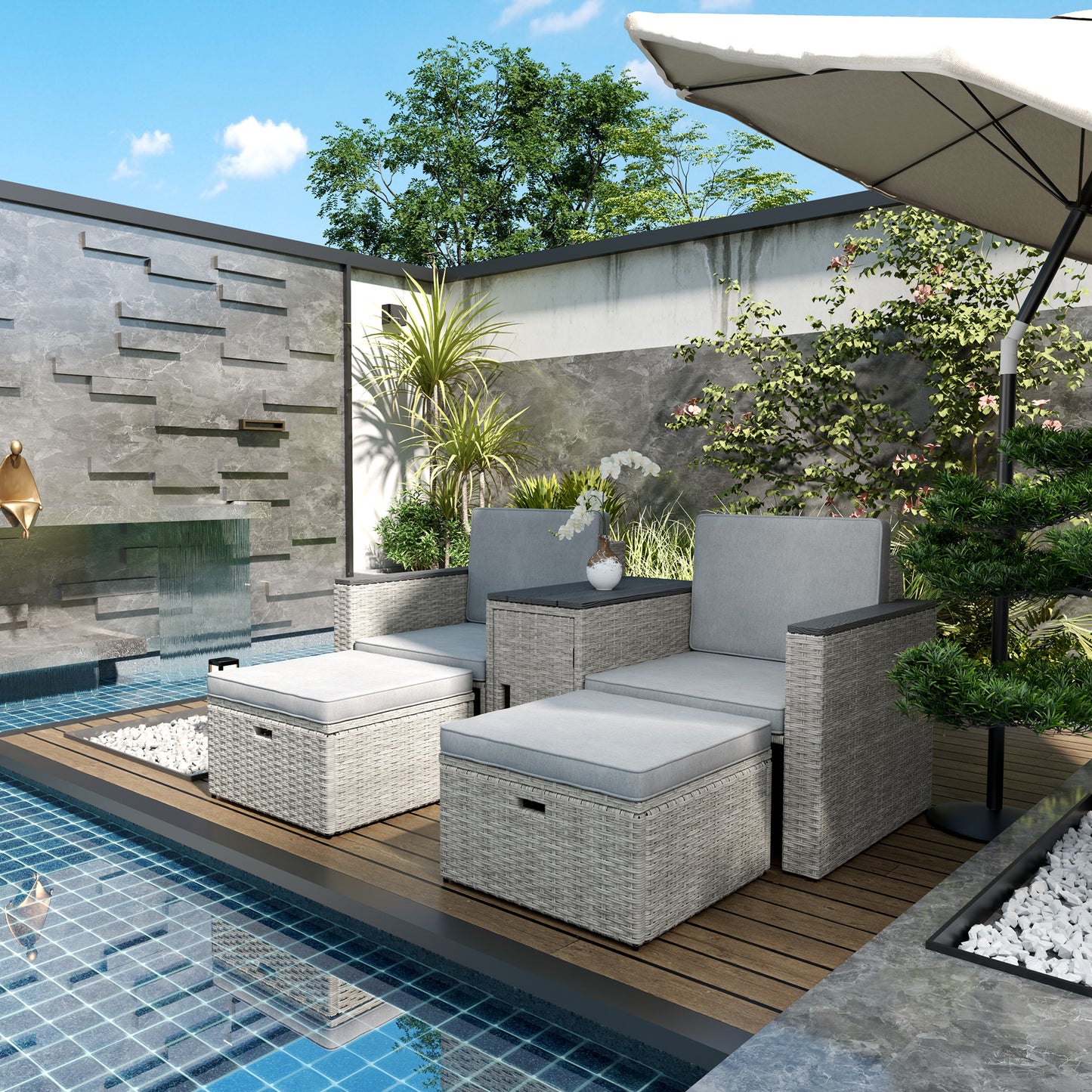 5-Piece Grey Rattan Garden Set with Storage Table & Stools