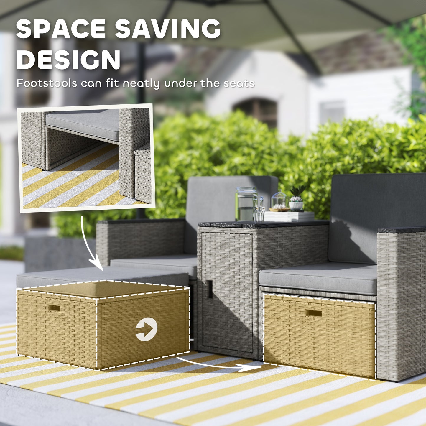 5-Piece Grey Rattan Garden Set with Storage Table & Stools