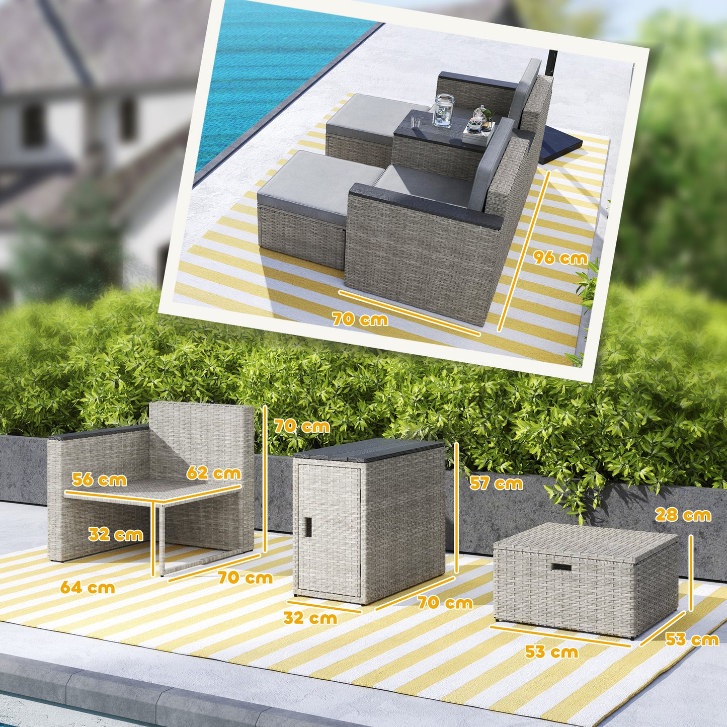 5-Piece Grey Rattan Garden Set with Storage Table & Stools