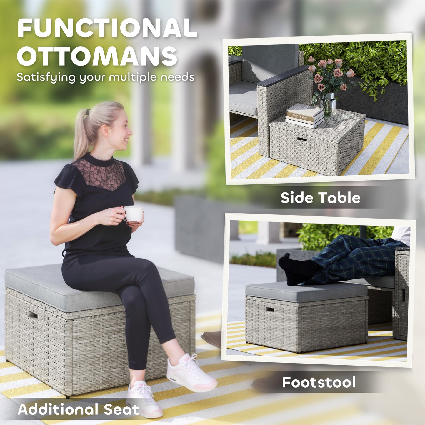 5-Piece Grey Rattan Garden Set with Storage Table & Stools