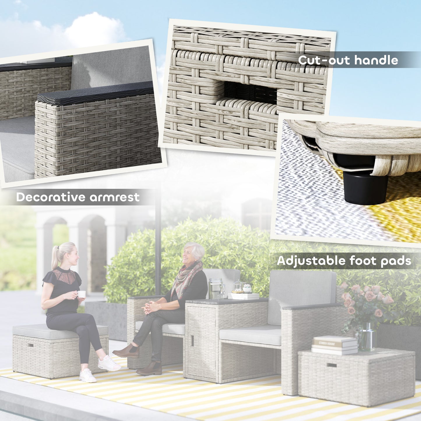 5-Piece Grey Rattan Garden Set with Storage Table & Stools