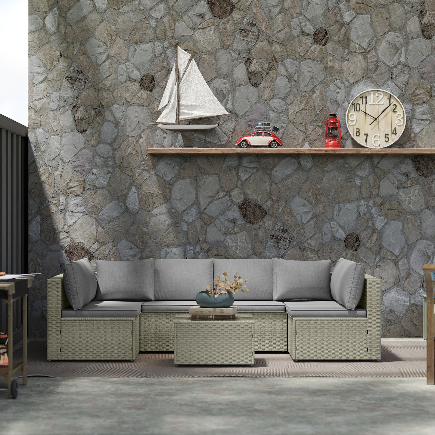 7-Piece Rattan Garden Set with Cushions - Light Brown