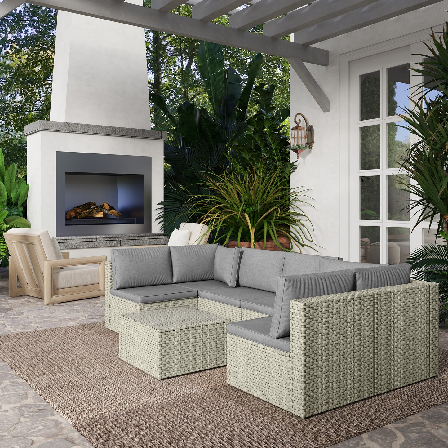7-Piece Rattan Garden Set with Cushions - Light Brown
