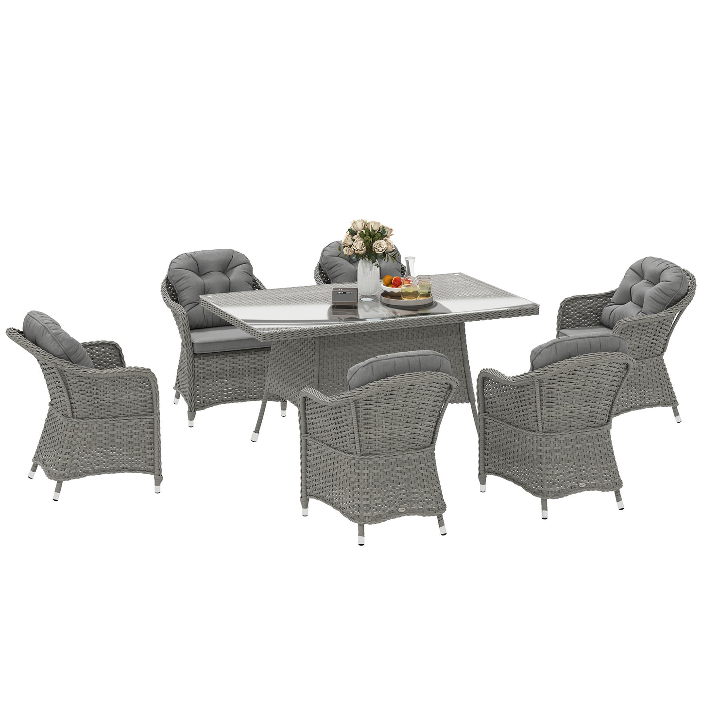 6-Seater PE Rattan Garden Dining Set with Cushions & Glass Table