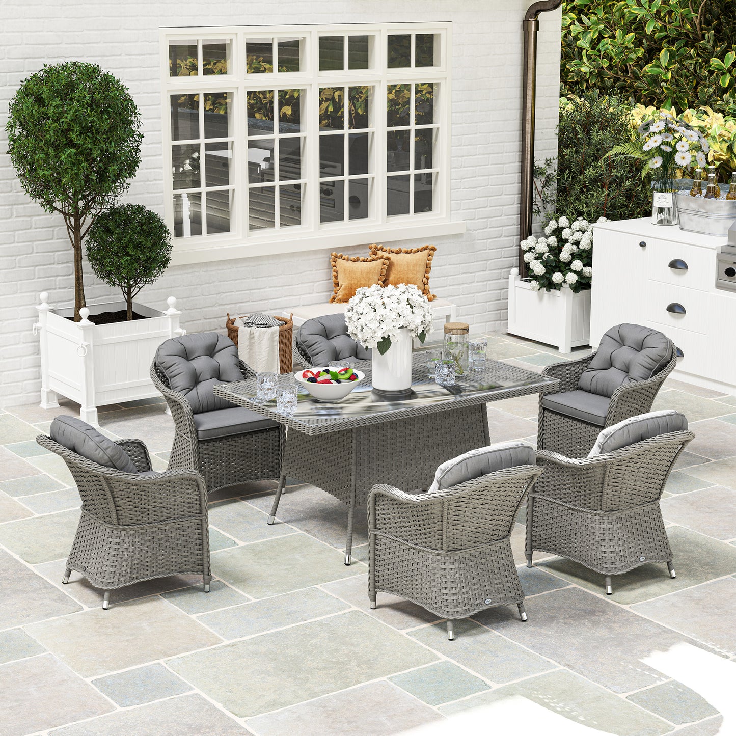6-Seater PE Rattan Garden Dining Set with Cushions & Glass Table