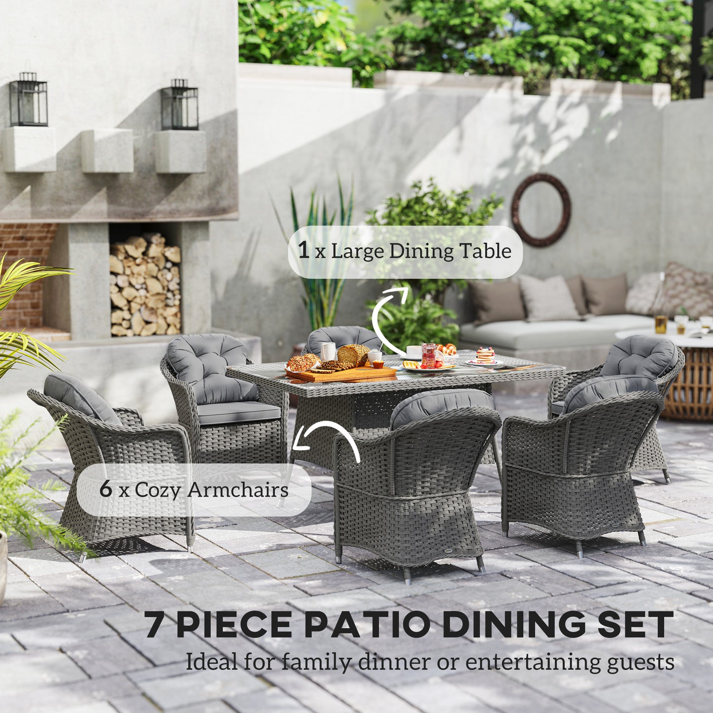 6-Seater PE Rattan Garden Dining Set with Cushions & Glass Table