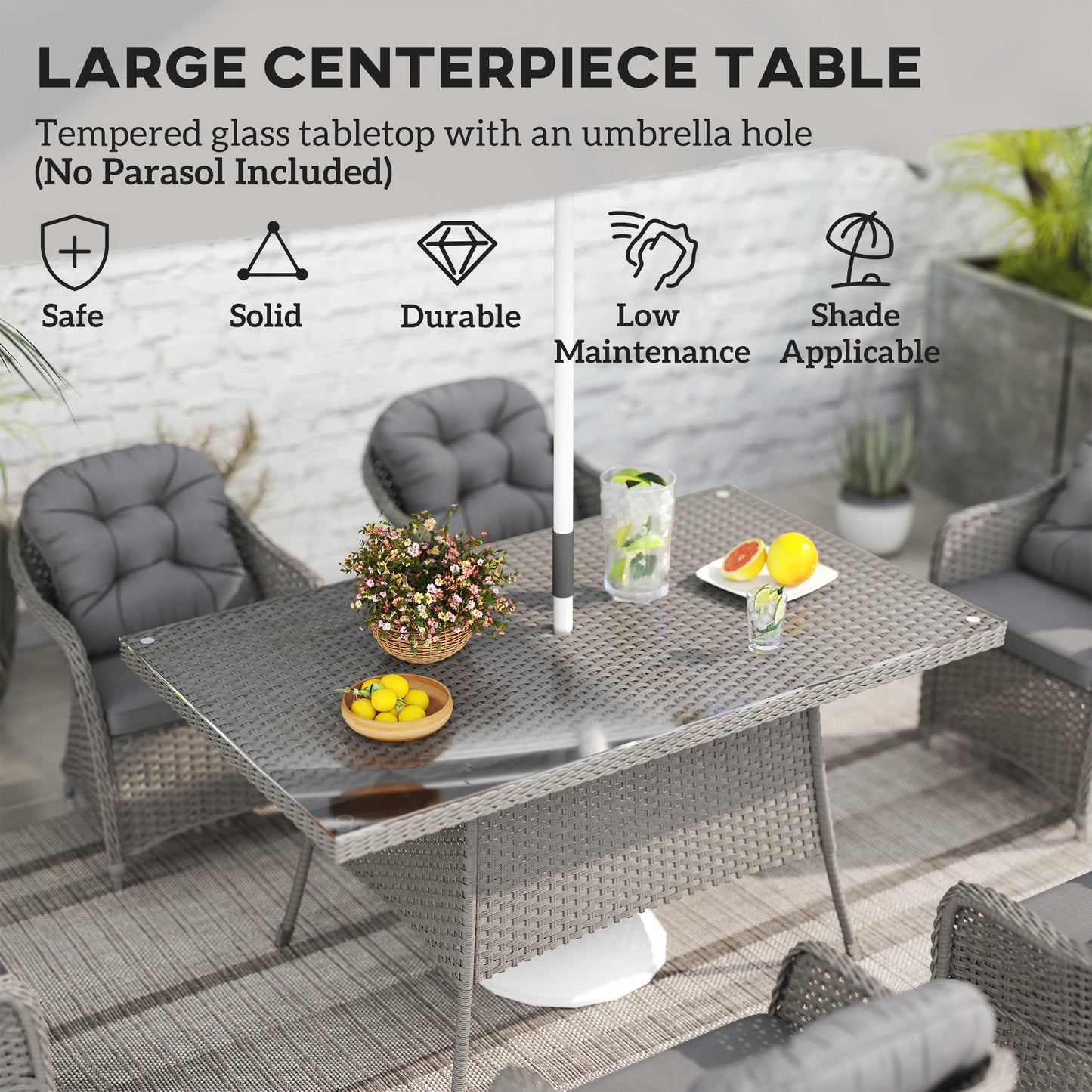 6-Seater PE Rattan Garden Dining Set with Cushions & Glass Table