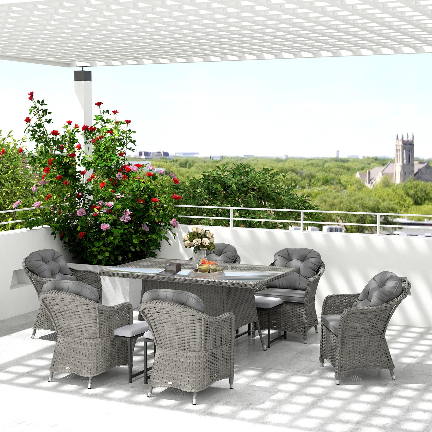 6-Seater PE Rattan Garden Dining Set with Cushions & Glass Table
