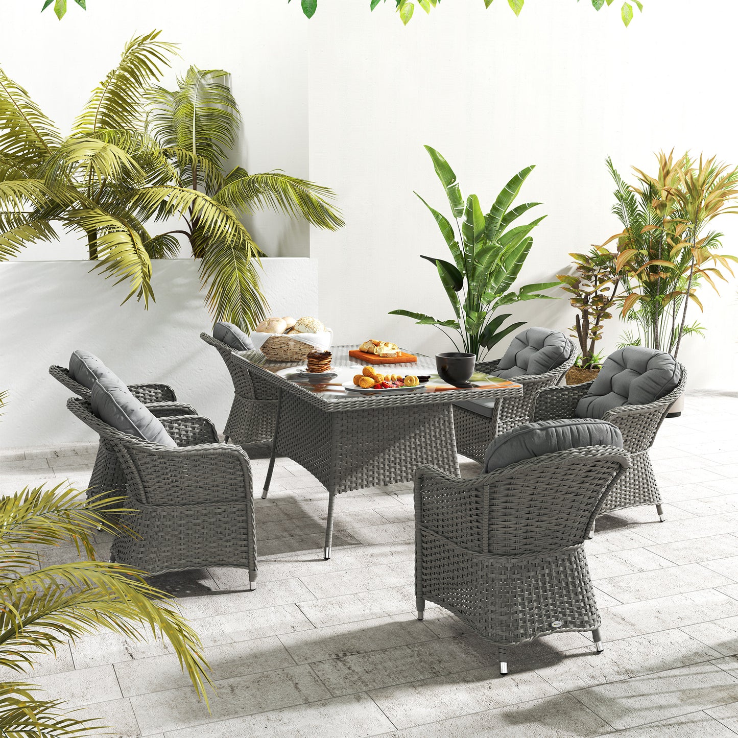 6-Seater PE Rattan Garden Dining Set with Cushions & Glass Table