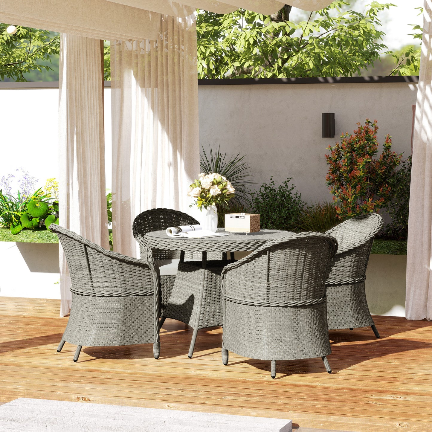 Grey Rattan Dining Set for 4 with Cushions & Umbrella Hole