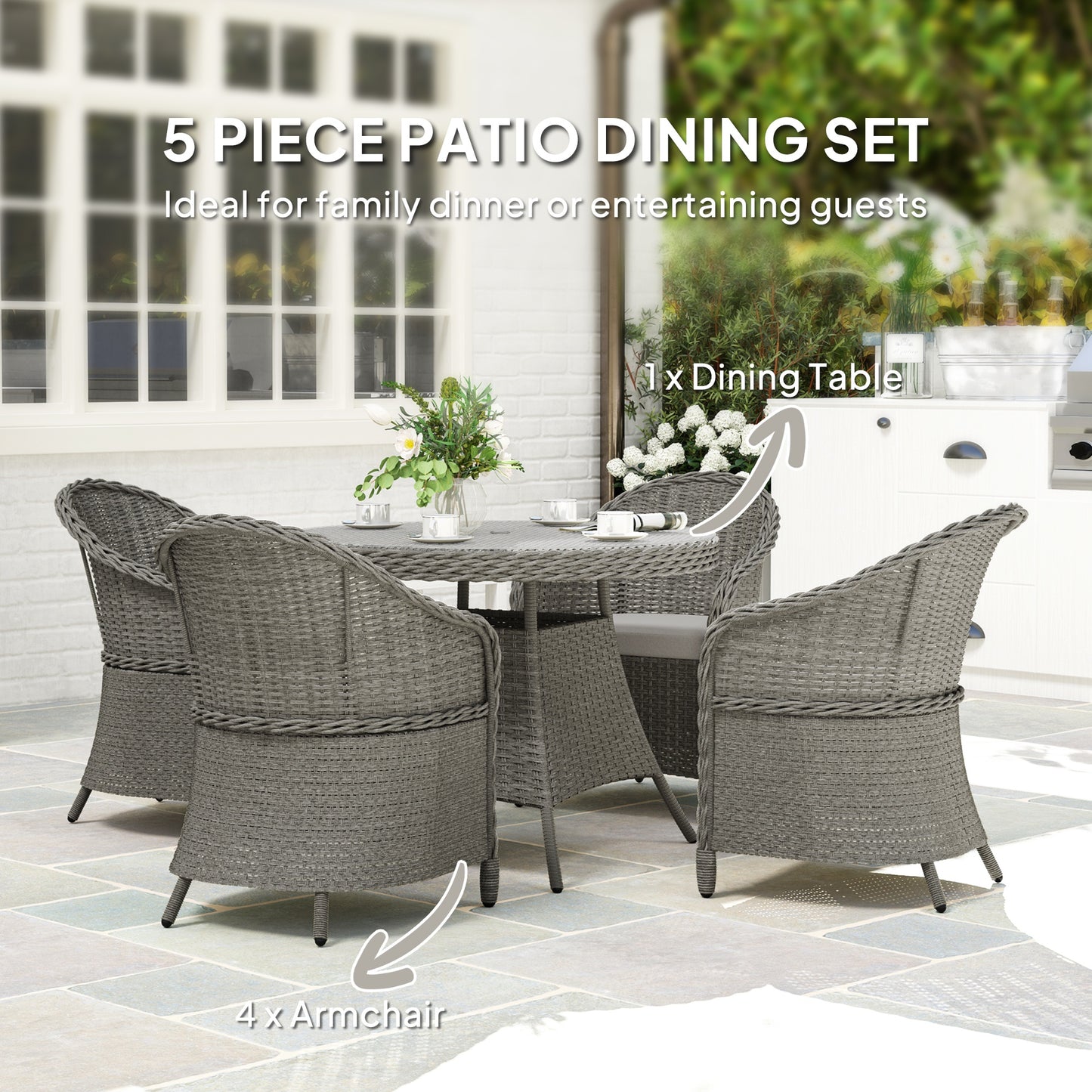 Grey Rattan Dining Set for 4 with Cushions & Umbrella Hole