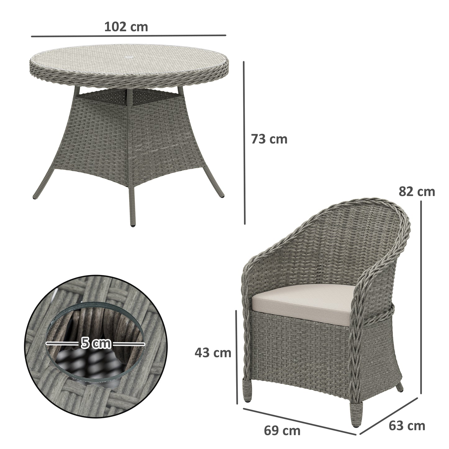 Grey Rattan Dining Set for 4 with Cushions & Umbrella Hole