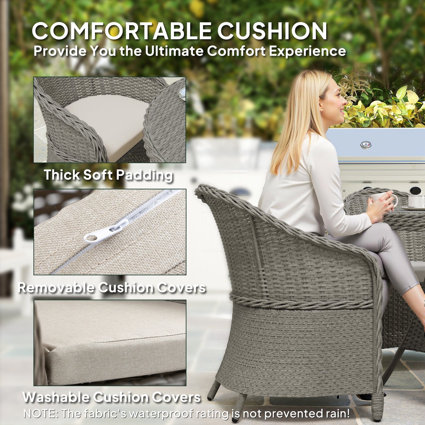 Grey Rattan Dining Set for 4 with Cushions & Umbrella Hole