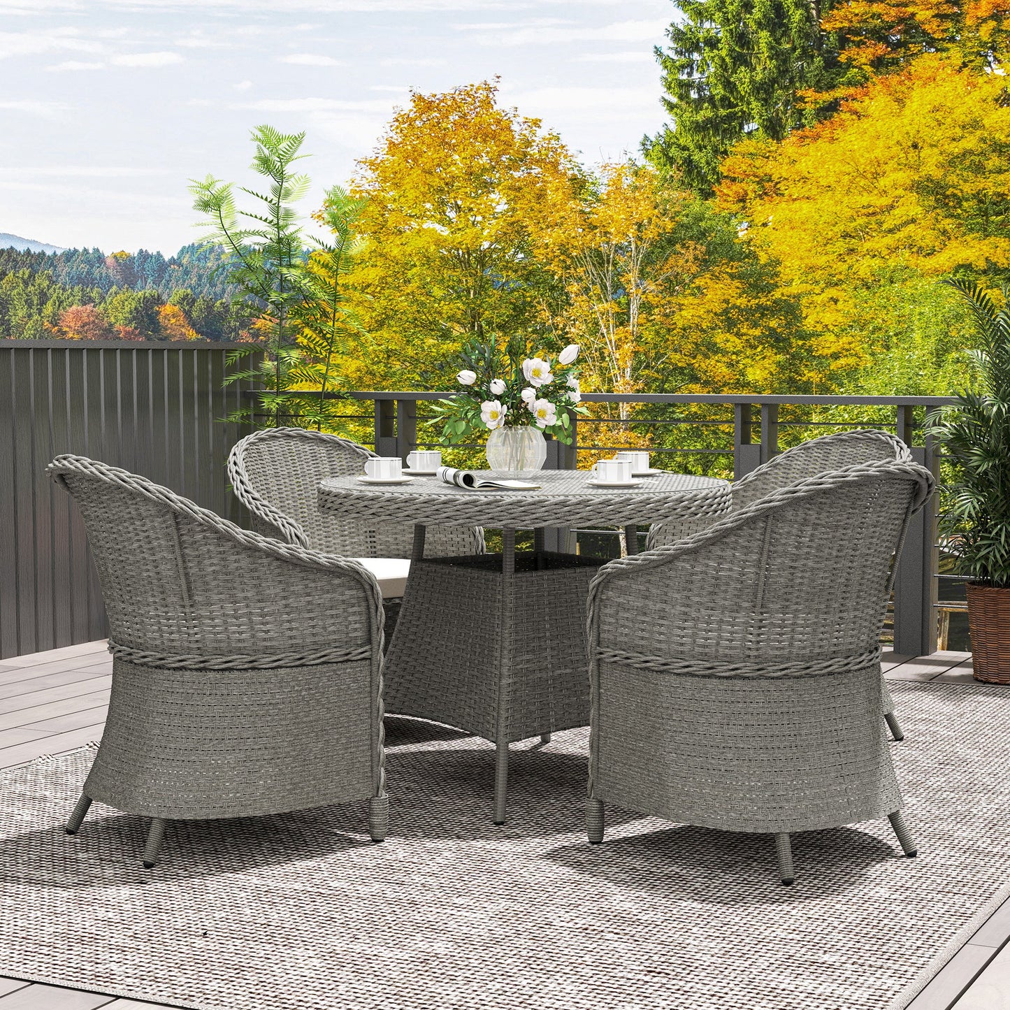 Grey Rattan Dining Set for 4 with Cushions & Umbrella Hole