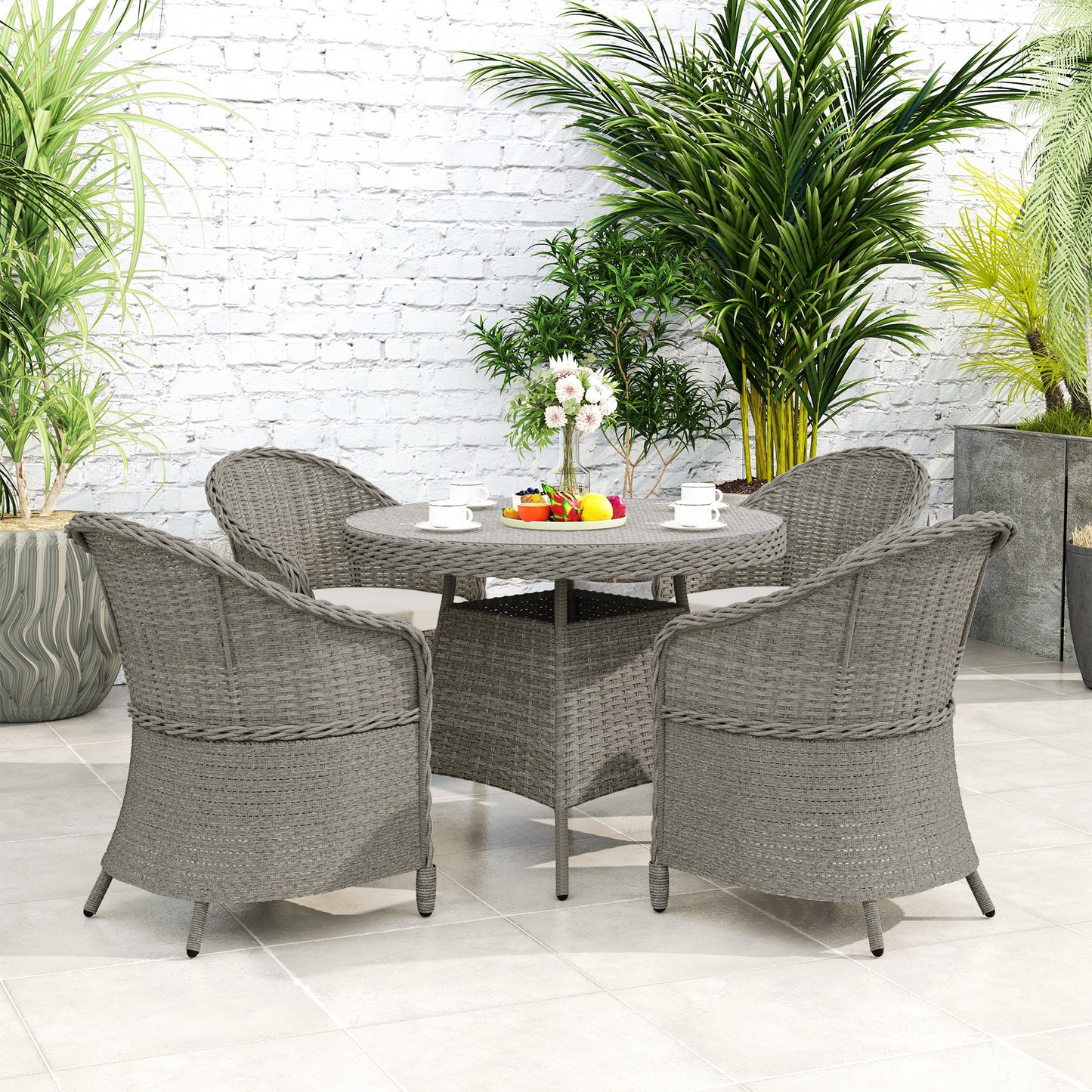 Grey Rattan Dining Set for 4 with Cushions & Umbrella Hole