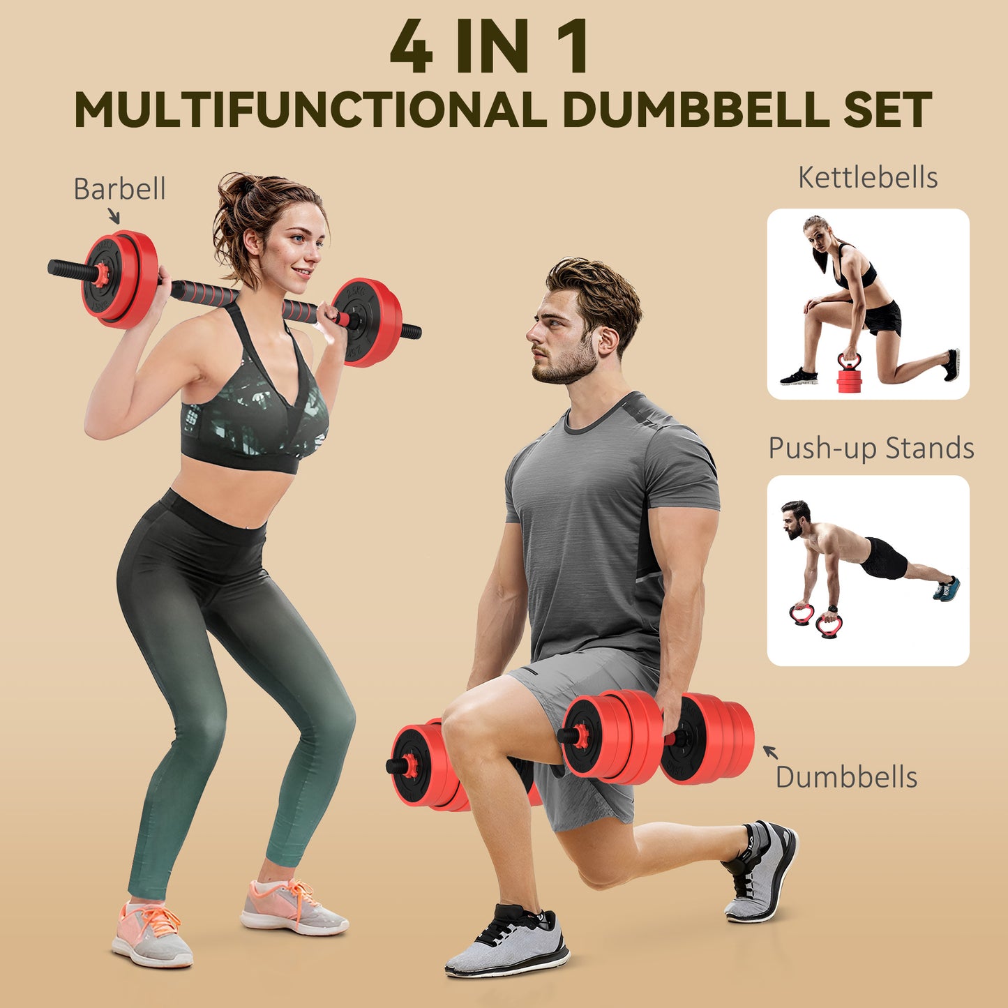 SPORTNOW 4-in-1 Adjustable Weight Set: Dumbbells, Barbell, Kettlebell, Push-Up