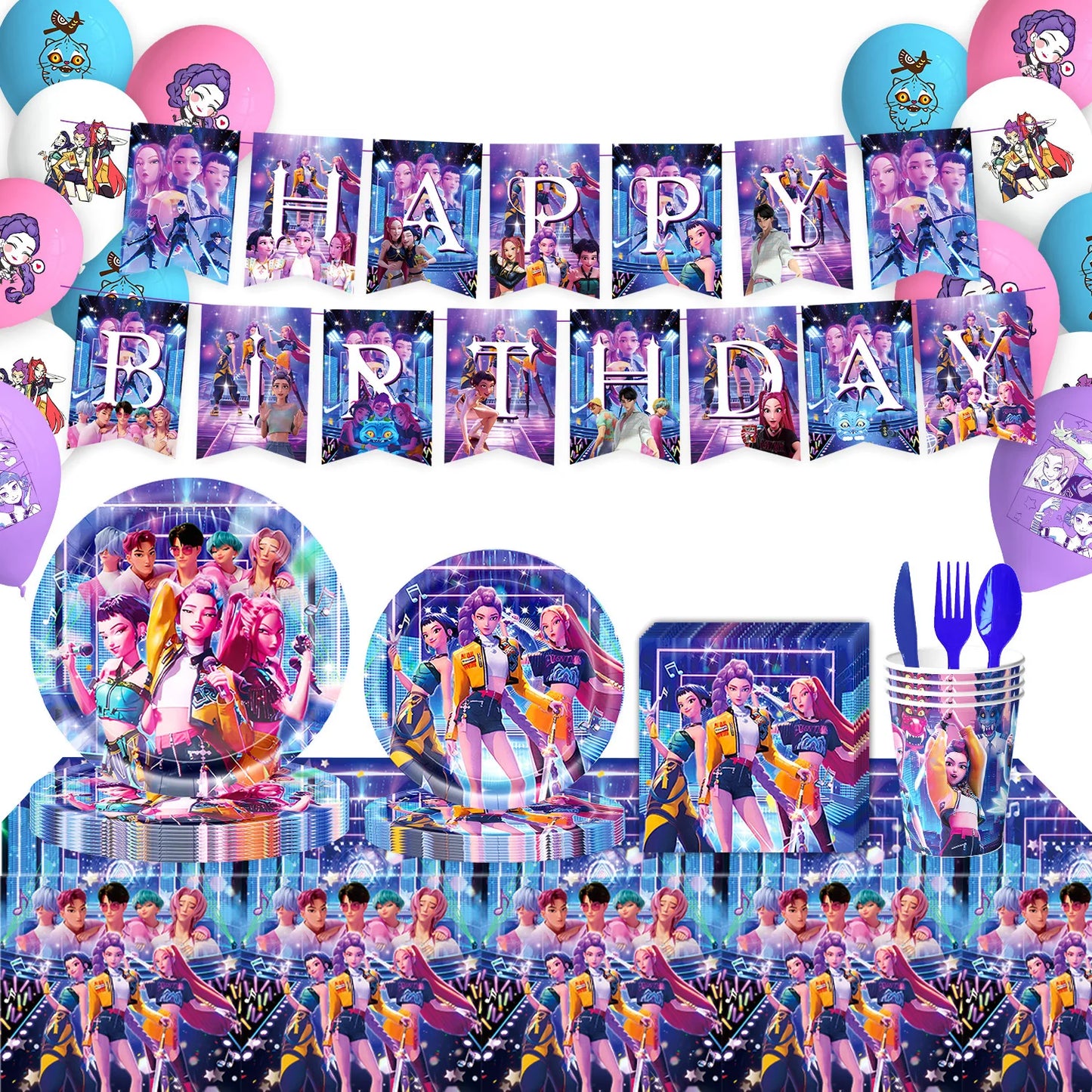 K-pop Demon Hunters Christmas Party Favors Anime Demon Hunting Cupcake Toppers Postcard Group Cards Stickers Banner Balloon Sets